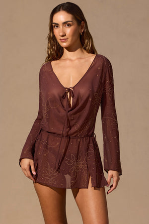 Long-Sleeve Mini Dress in Espresso Brown