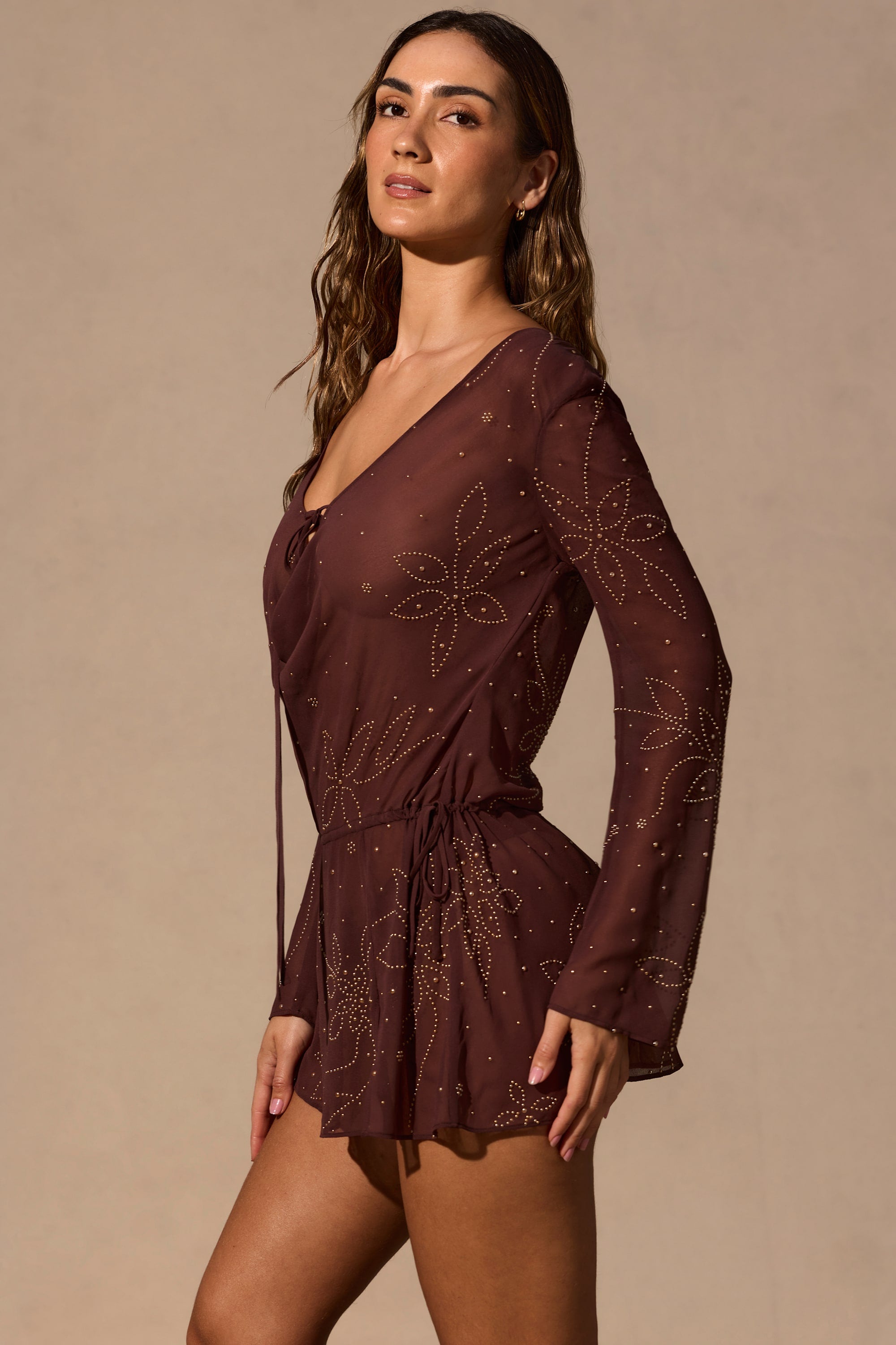 Long-Sleeve Mini Dress in Espresso Brown - M