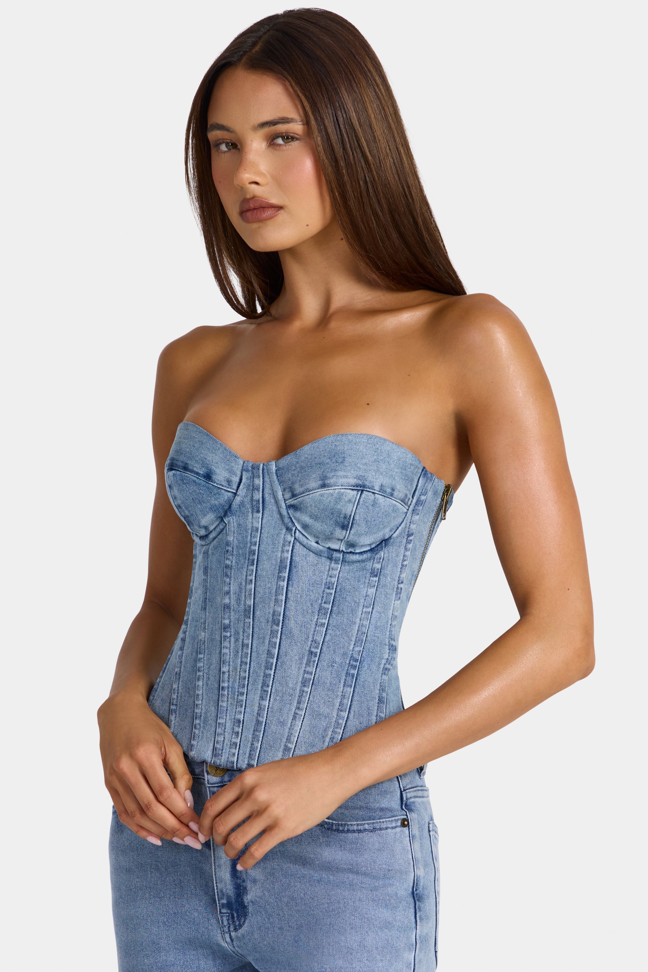 Denim Corset Top in Mid-Blue