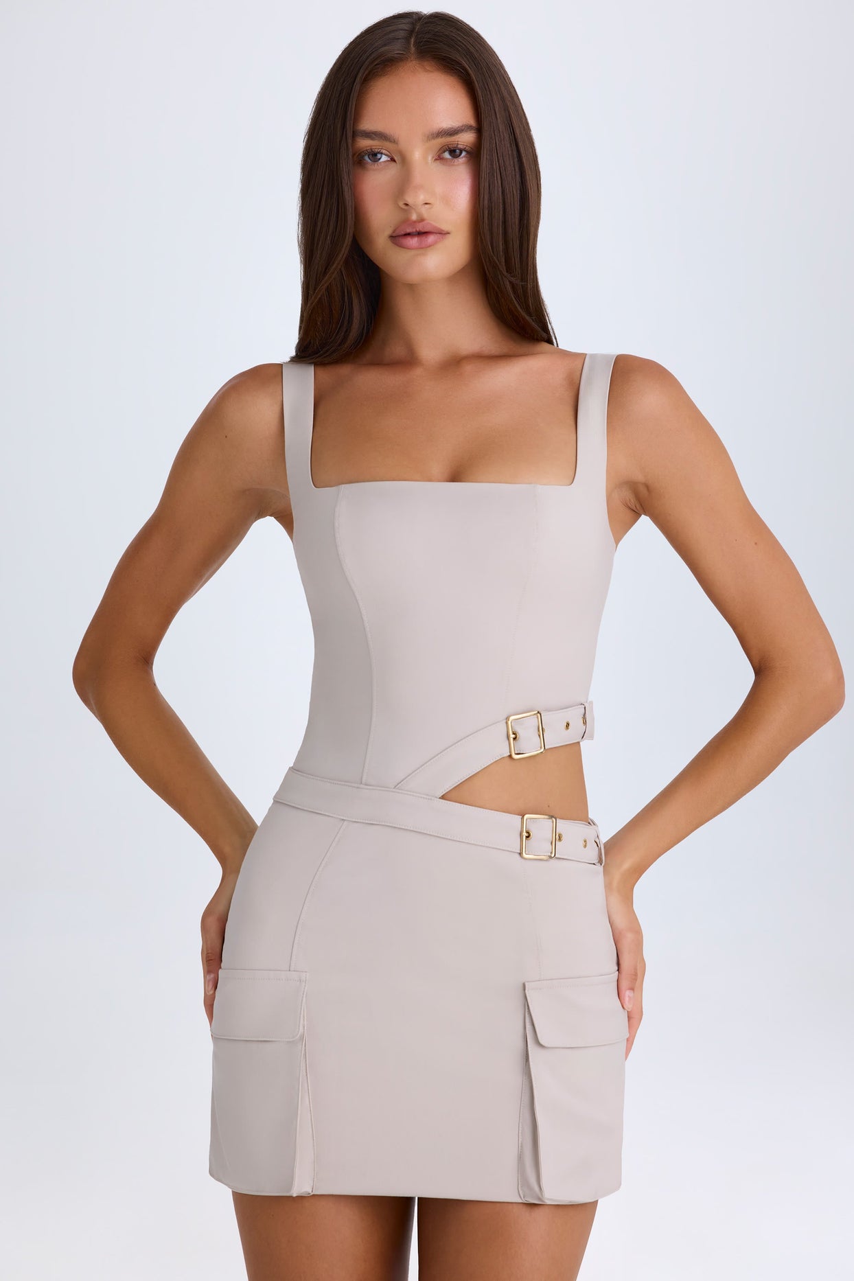 Acadia Belted Cut-Out Mini Dress in Taupe