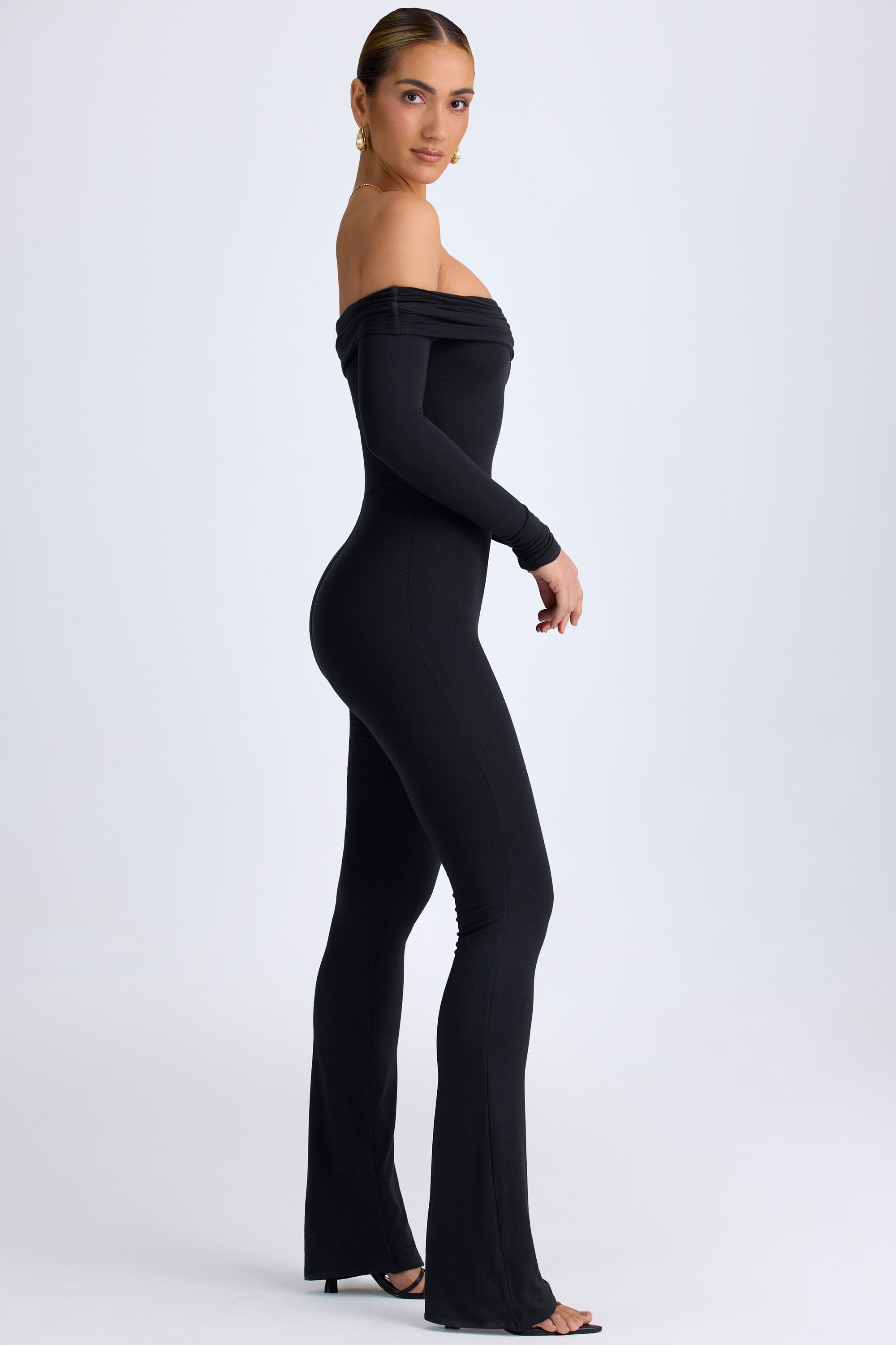 Agnesa Modal Off-Shoulder Ruched Jumpsuit in Black | Oh Polly – Oh