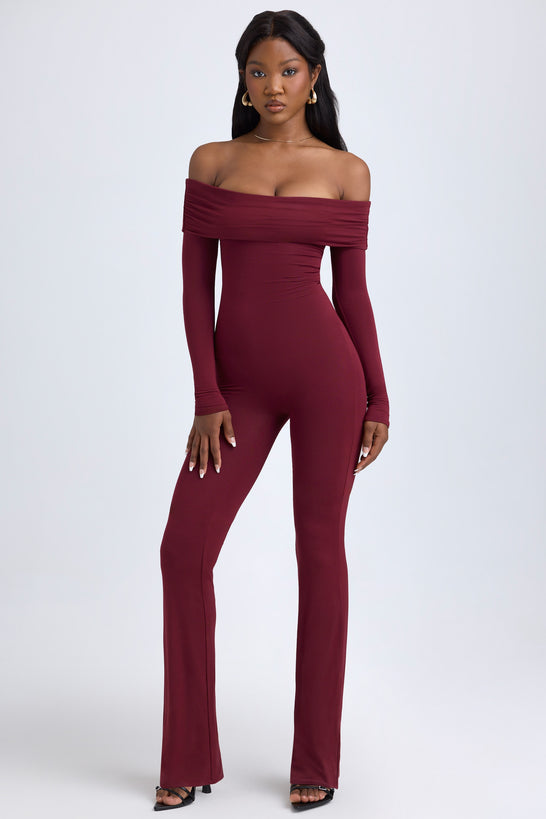 Tall Modal Off-Shoulder Ruched Jumpsuit in Wine Red