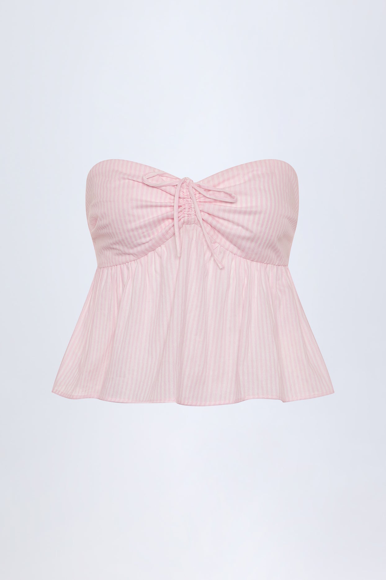 Tie-Front Strapless Cotton-Poplin Crop Top in Pink White Stripe - 9