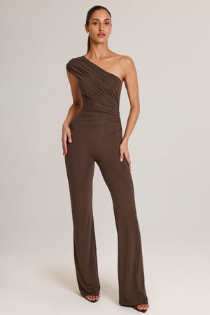 Modal One-Shoulder Jumpsuit in Chocolate Brown