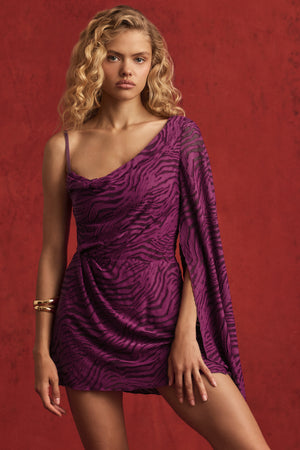 Devoré One-Sleeve A-Line Mini Dress in Berry Purple