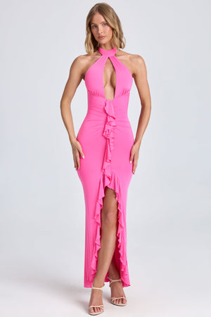 Ruffle-Trim Halterneck Gown in Lollipop Pink