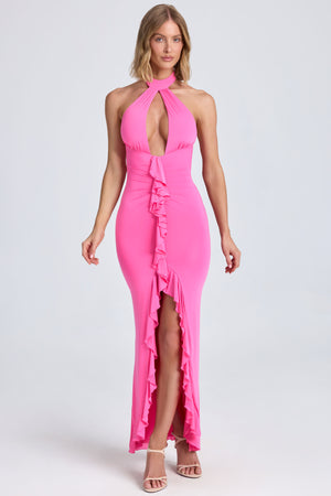 Ruffle-Trim Halterneck Gown in Lollipop Pink