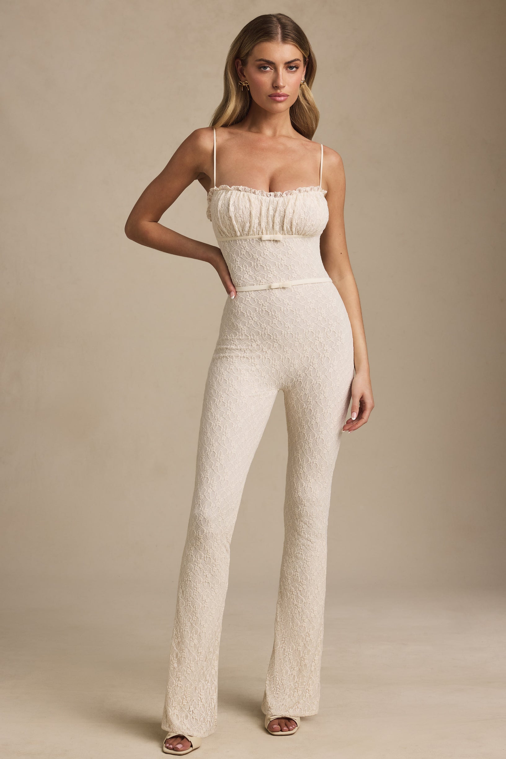 Bow-Detail Lace Flared Jumpsuit in Ivory - 2
