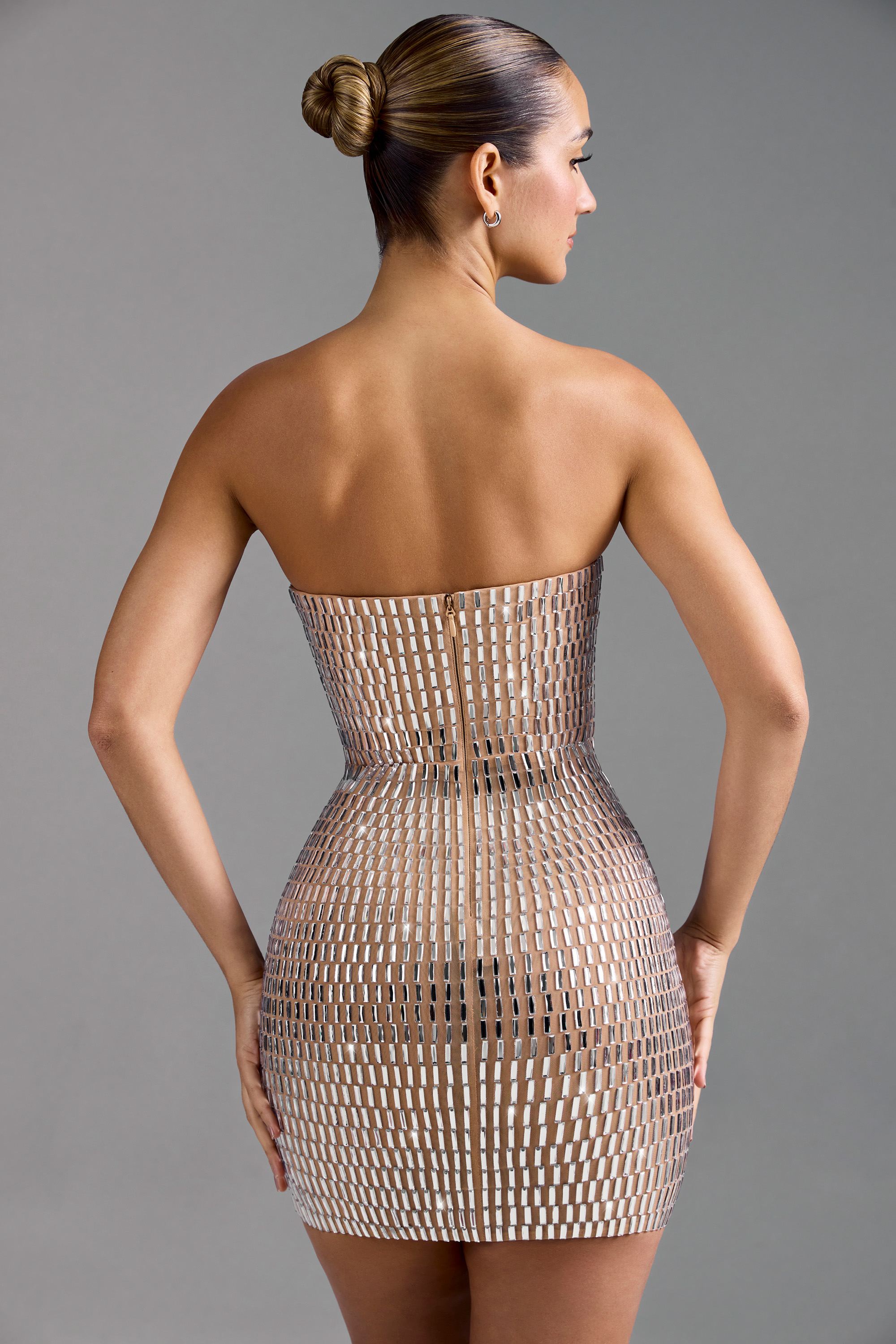 Embellished Bandeau Mini Dress in Almond - 2 / Regular