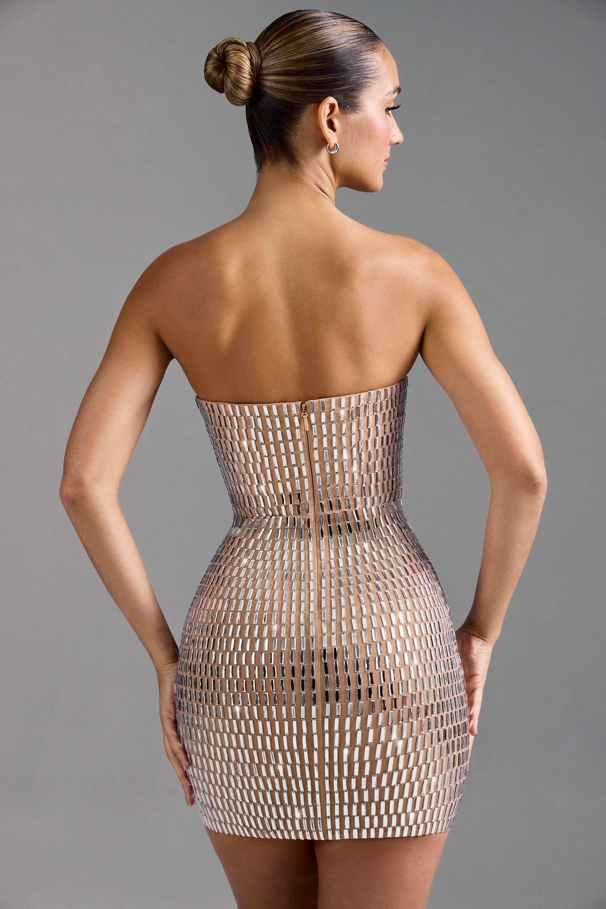 Embellished Bandeau Mini Dress in Almond - 3
