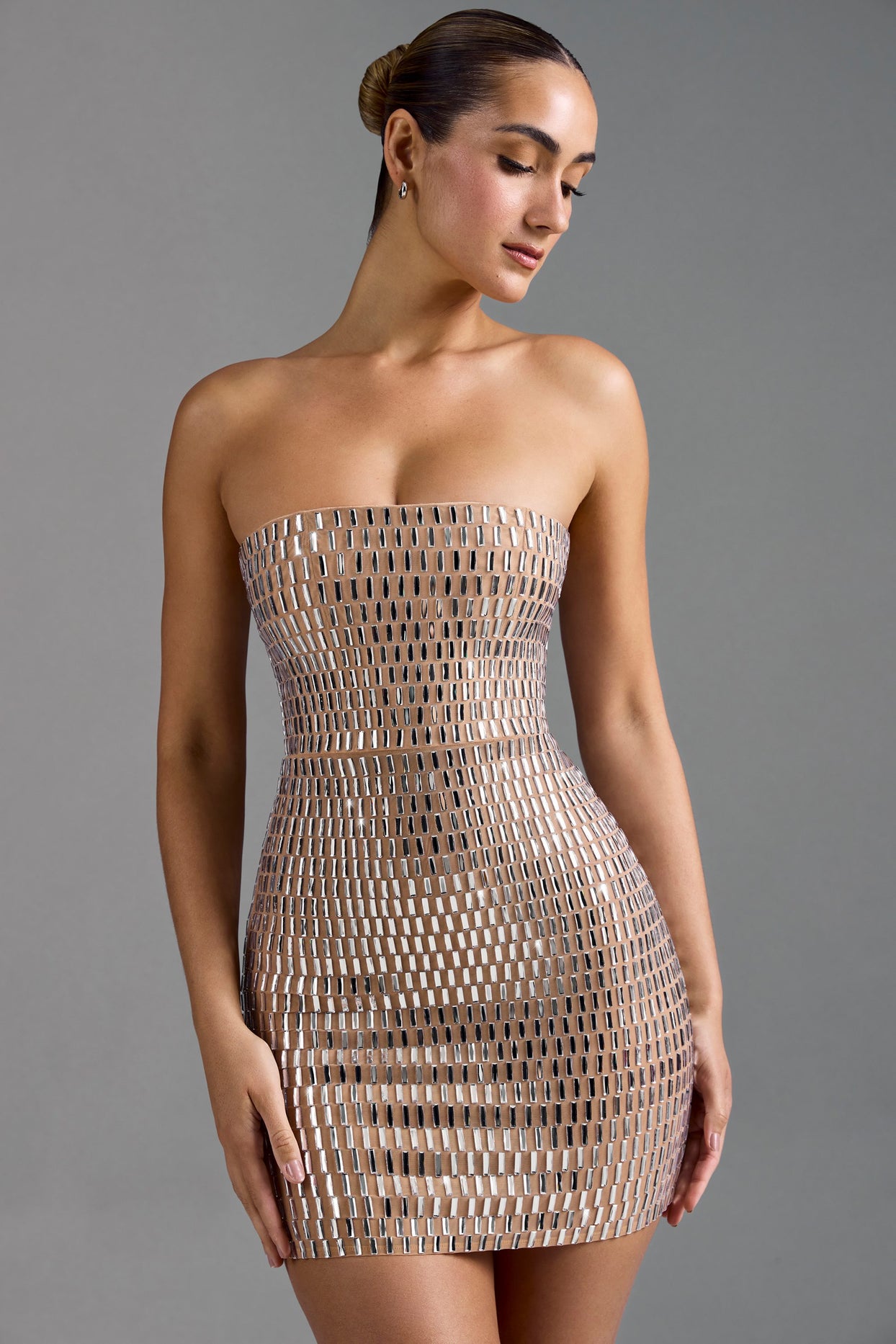 Embellished Bandeau Mini Dress in Almond - 17
