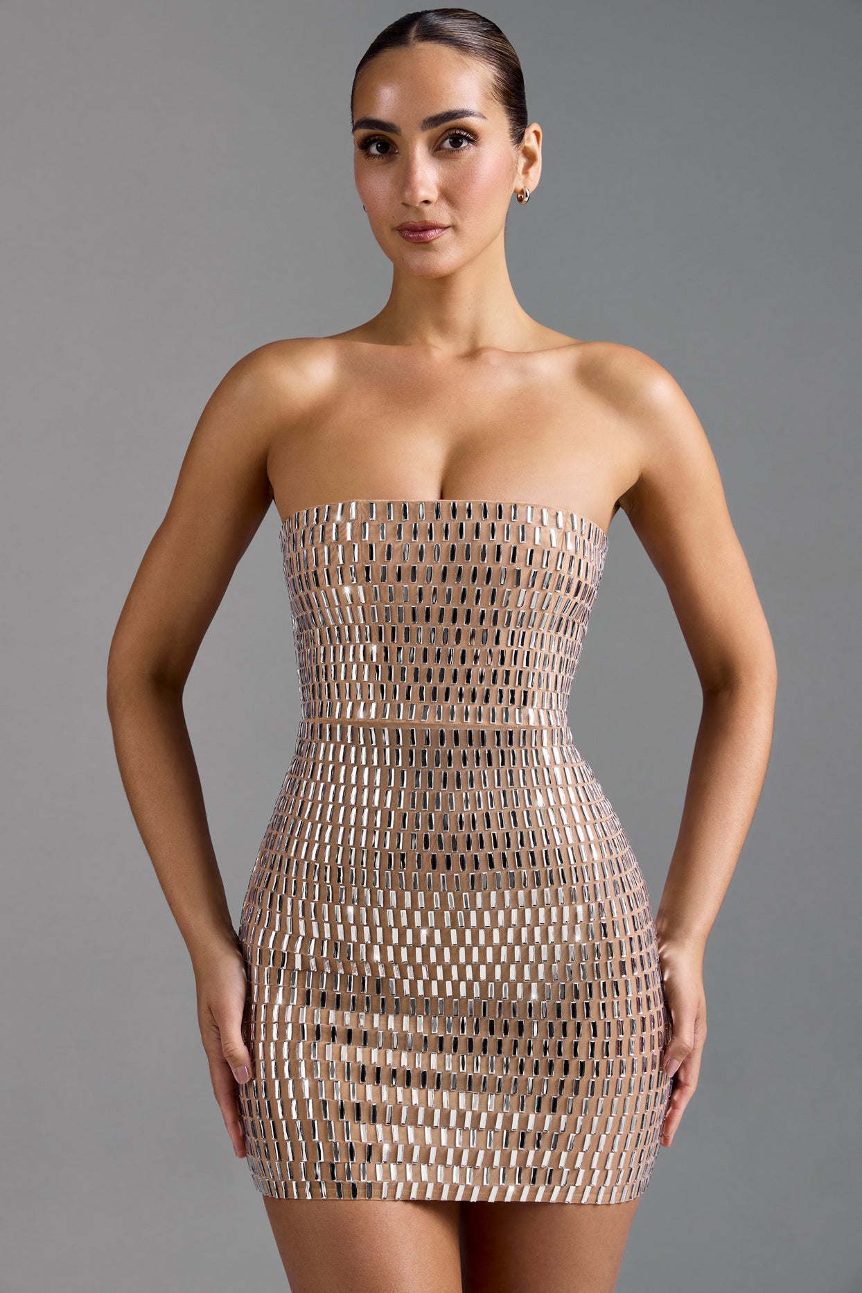 Embellished Bandeau Mini Dress in Almond - 10
