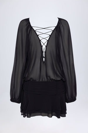 Lace-Up Balloon-Sleeve Mini Dress in Black - 4 | Oh Polly Lace-Up Balloon-Sleeve Mini Dress in Black - 4 | Oh Polly