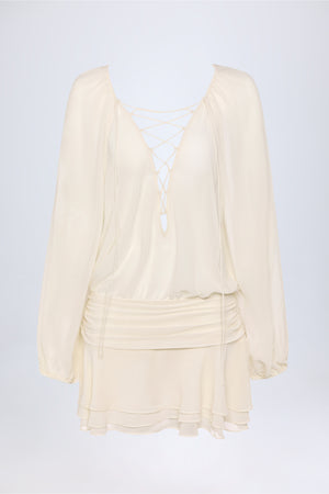 Lace-Up Balloon-Sleeve Mini Dress in Ivory