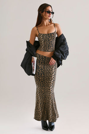 Modal Mid-Rise Fishtail Maxi Skirt in Leopard Print