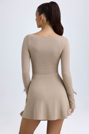 Square Neck Long Sleeve Mini Dress in Taupe