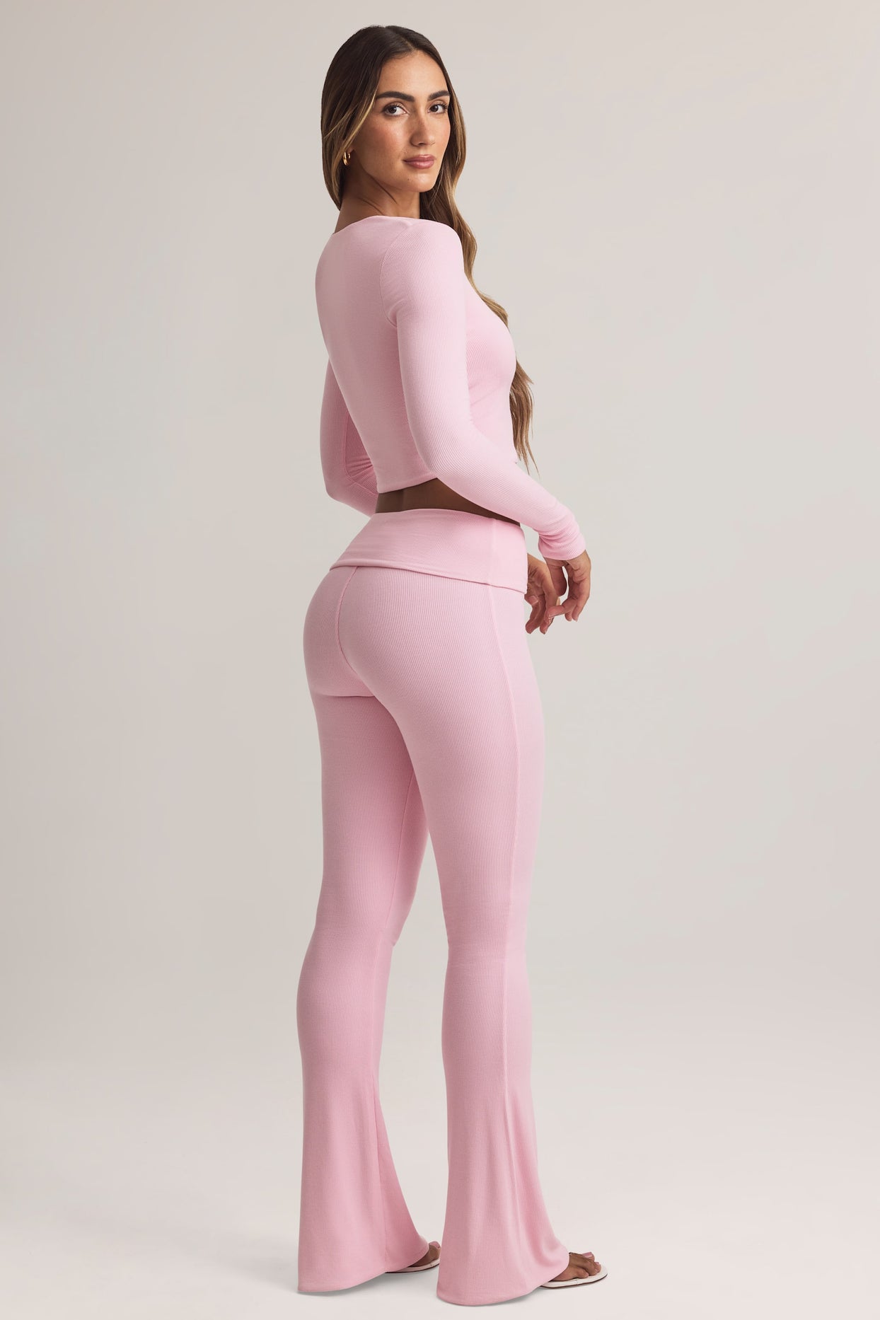 Modal Foldover Mid-Rise Flared Trousers in Pastel Pink - 2