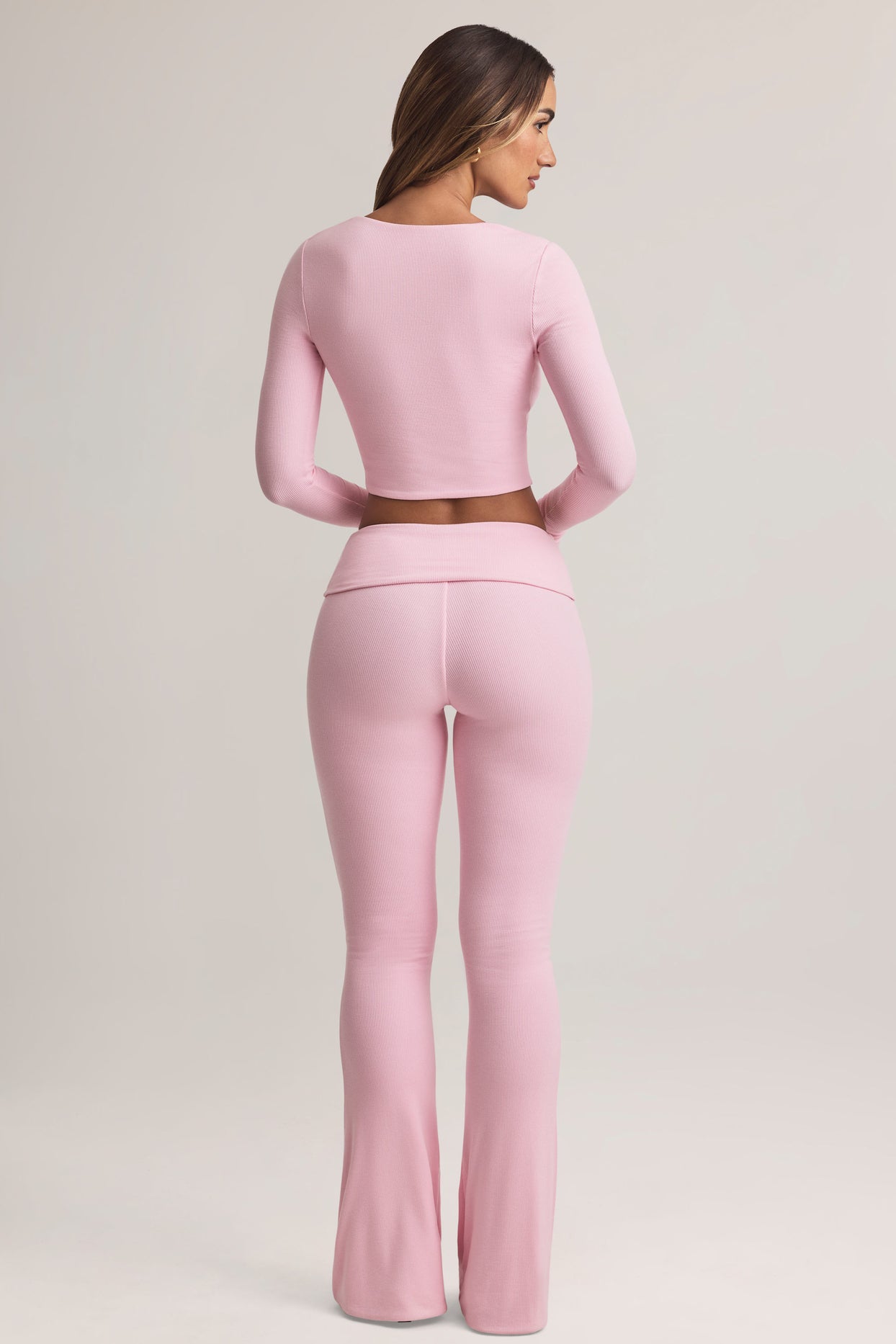 Modal Foldover Mid-Rise Flared Trousers in Pastel Pink - 3