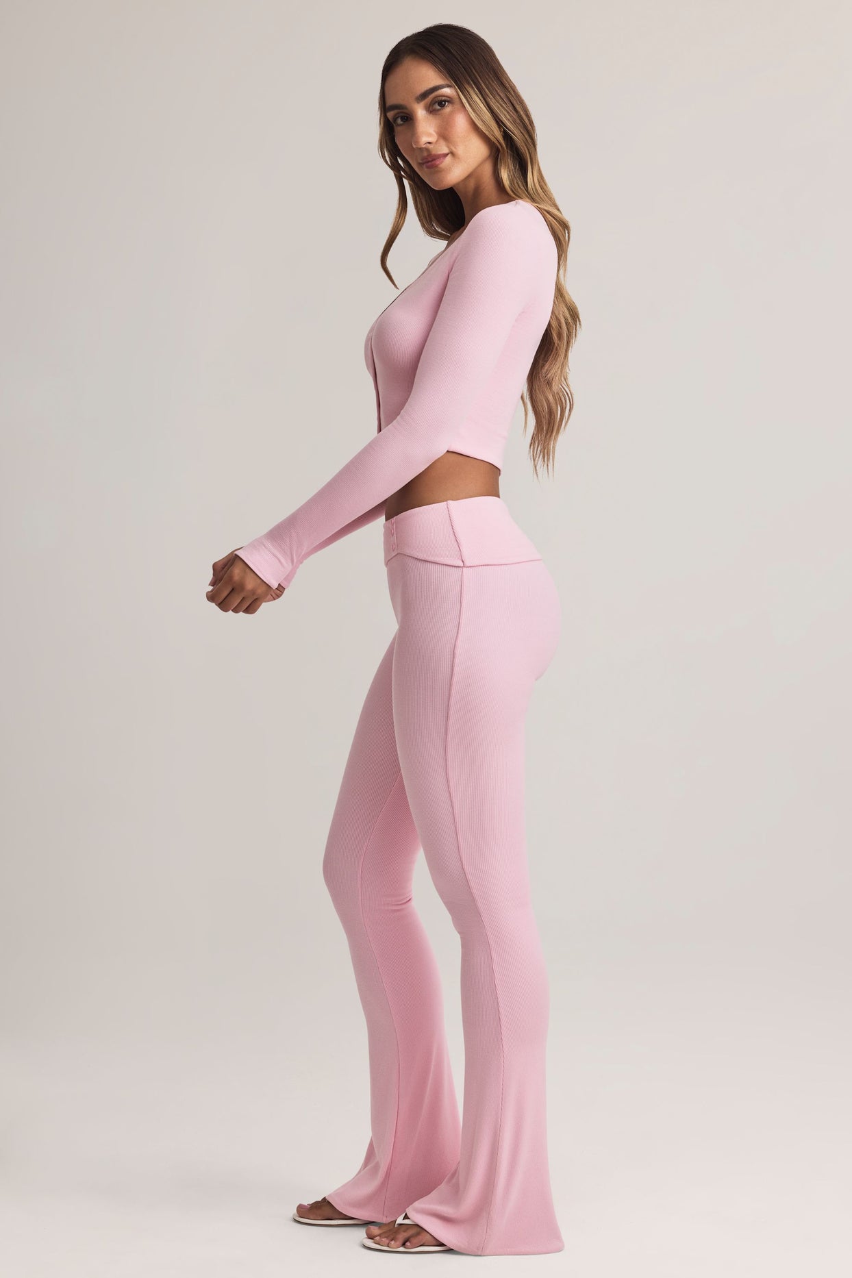 Modal Foldover Mid-Rise Flared Trousers in Pastel Pink - 4