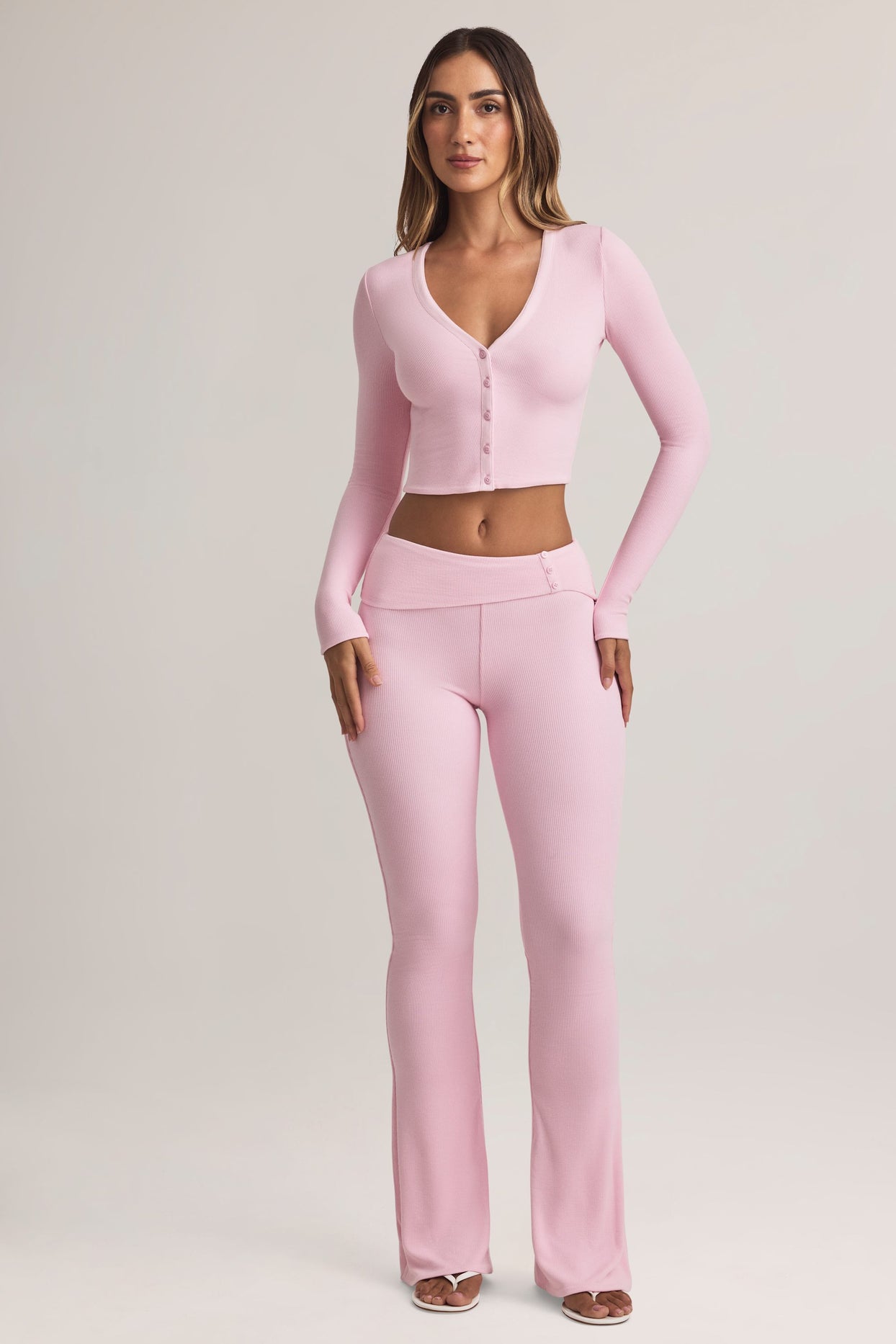 Modal Foldover Mid-Rise Flared Trousers in Pastel Pink - 5