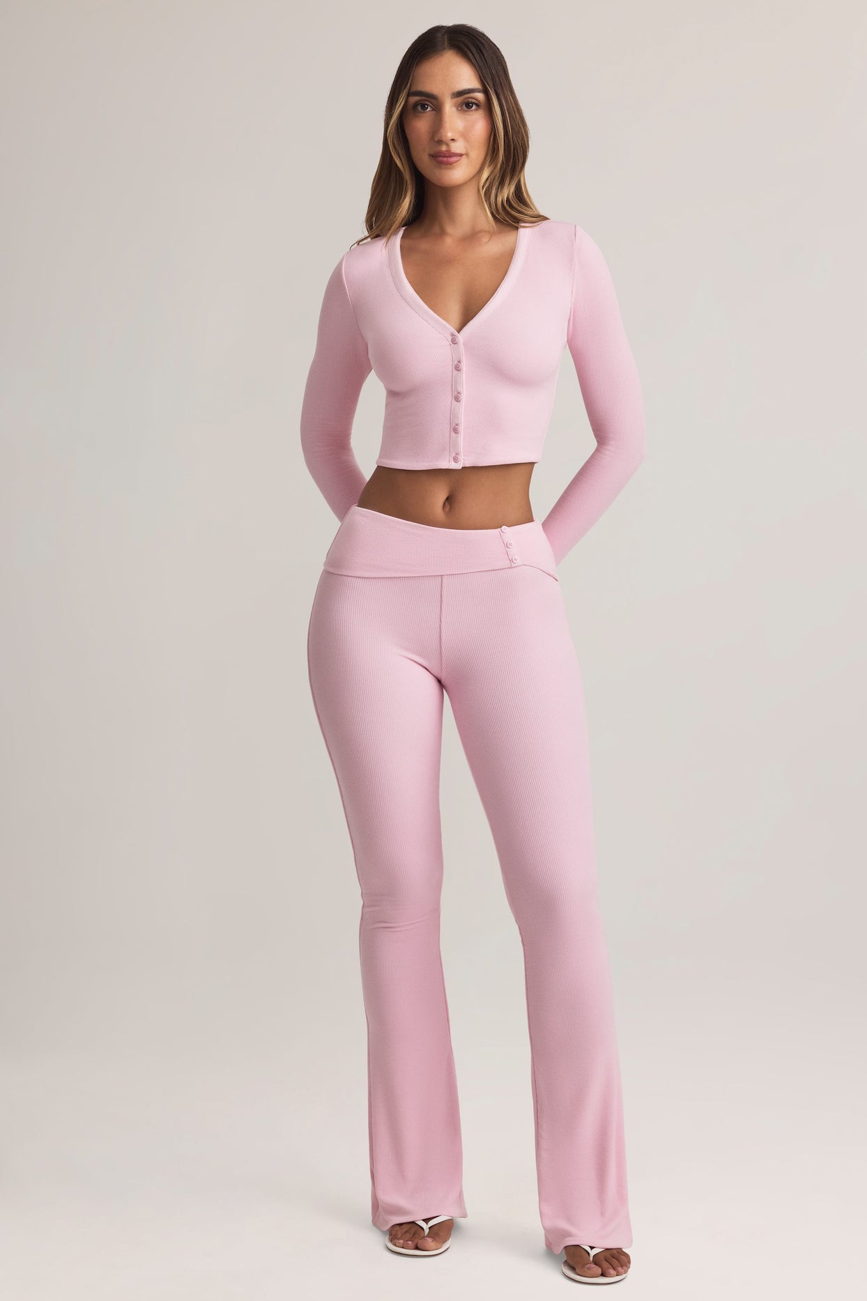 Modal Foldover Mid-Rise Flared Trousers in Pastel Pink - 6