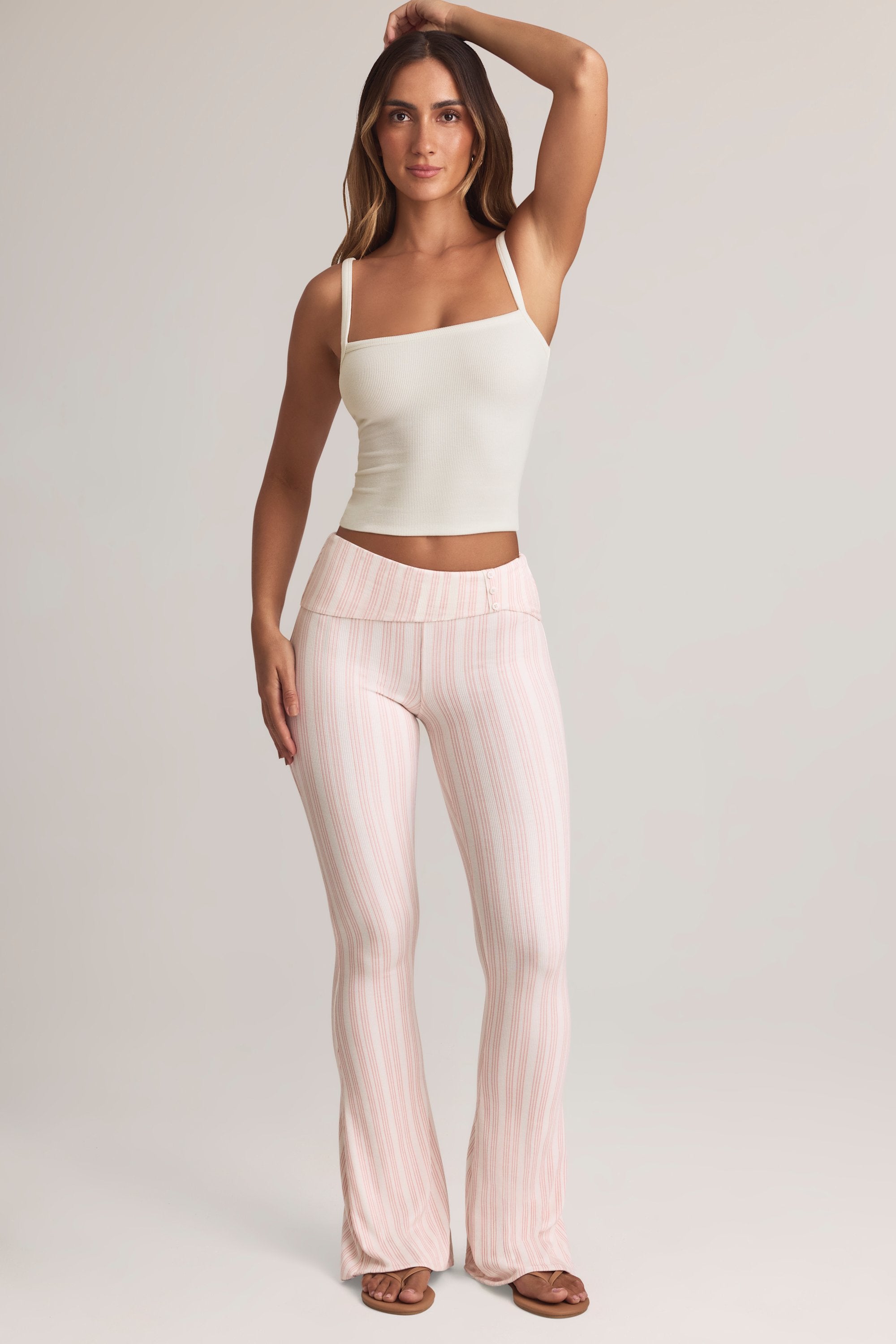 Bebe Modal Foldover Mid-Rise Flared Trousers in Stripe | Oh Polly