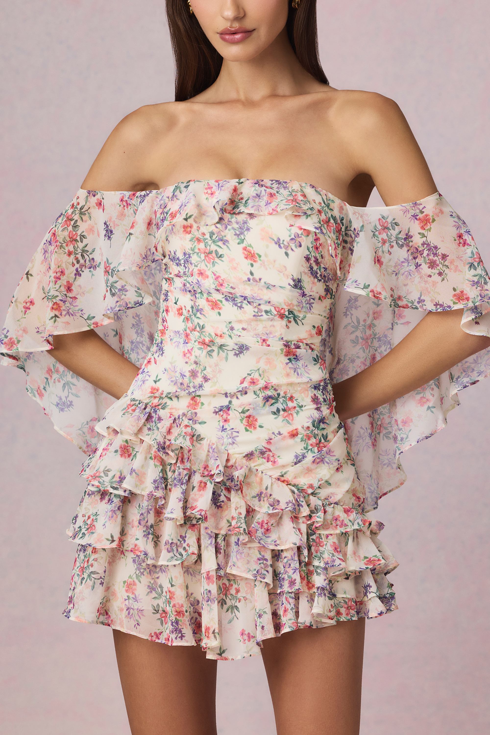 Off-Shoulder Ruffled Mini Dress in Primrose Floral Print - 6