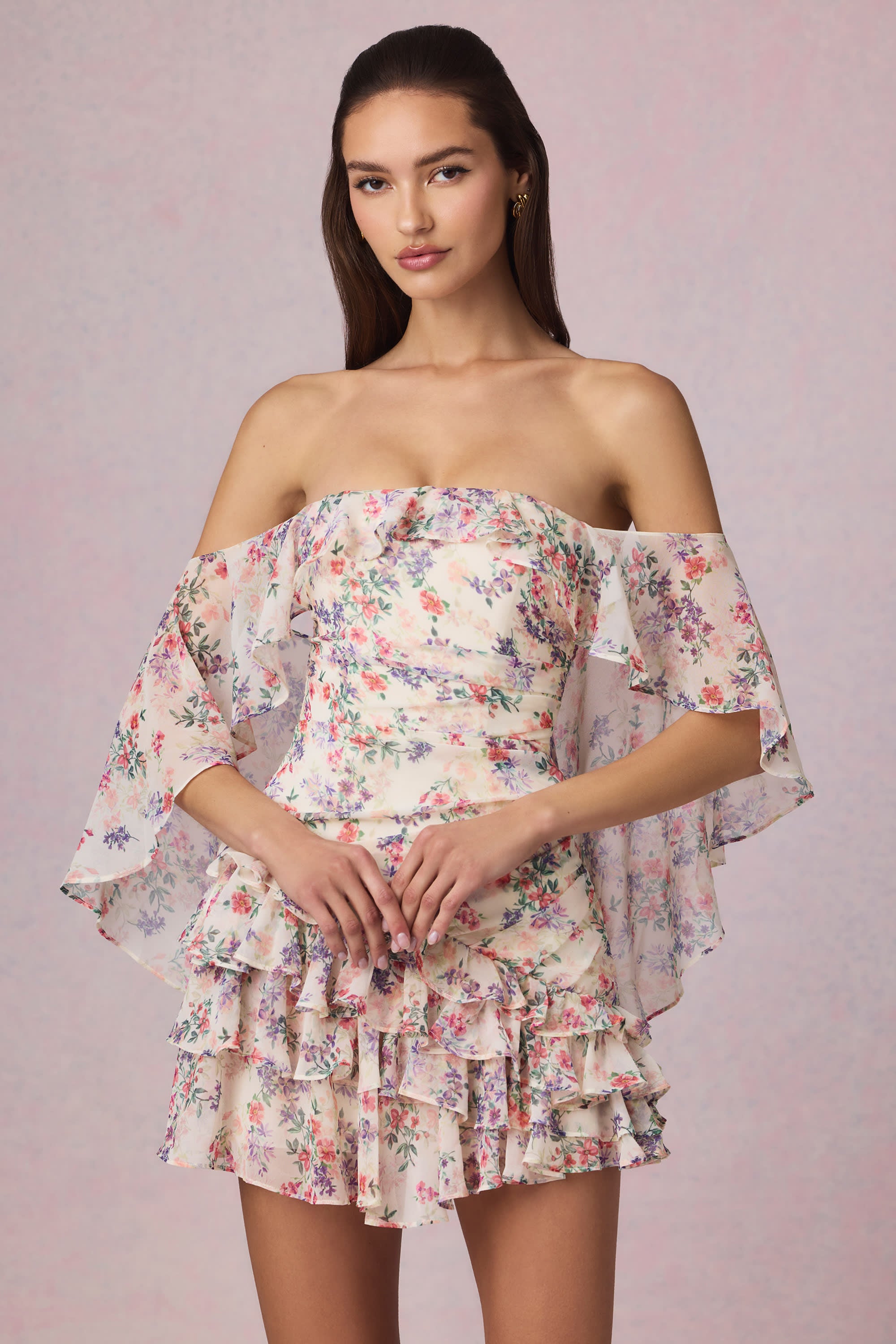 Off-Shoulder Ruffled Mini Dress in Primrose Floral Print - 6