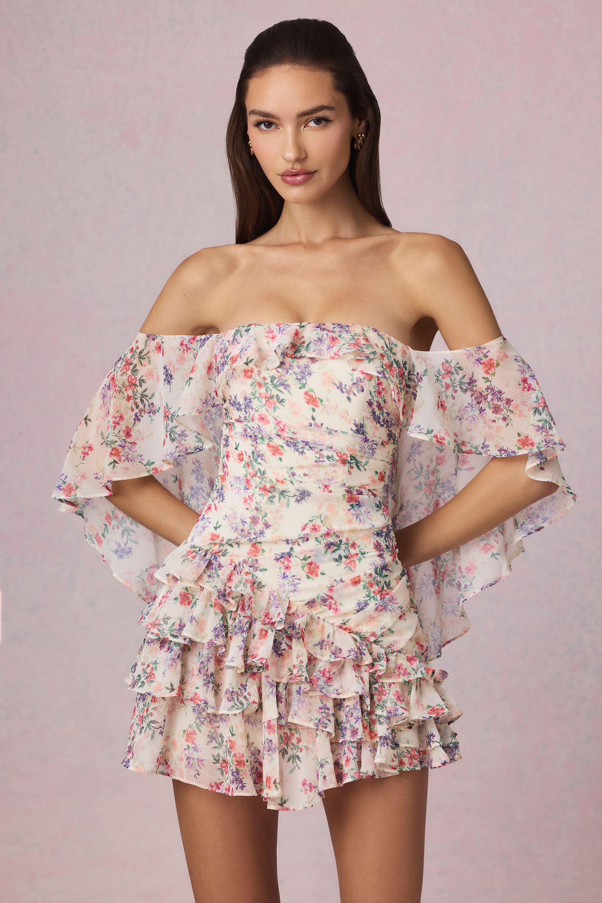 Off-Shoulder Ruffled Mini Dress in Primrose Floral Print - 6