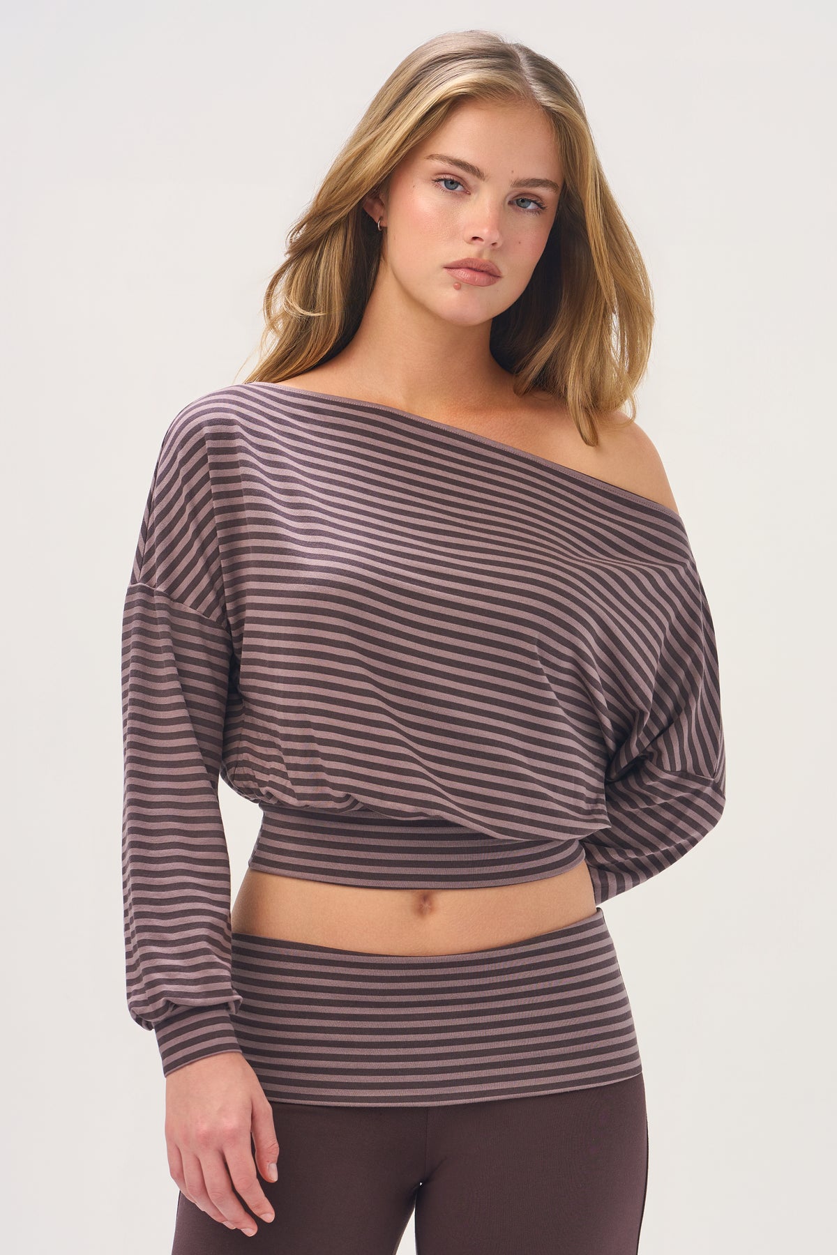 ButterCloud™ Slouchy Off-Shoulder Top in Espresso Stripe