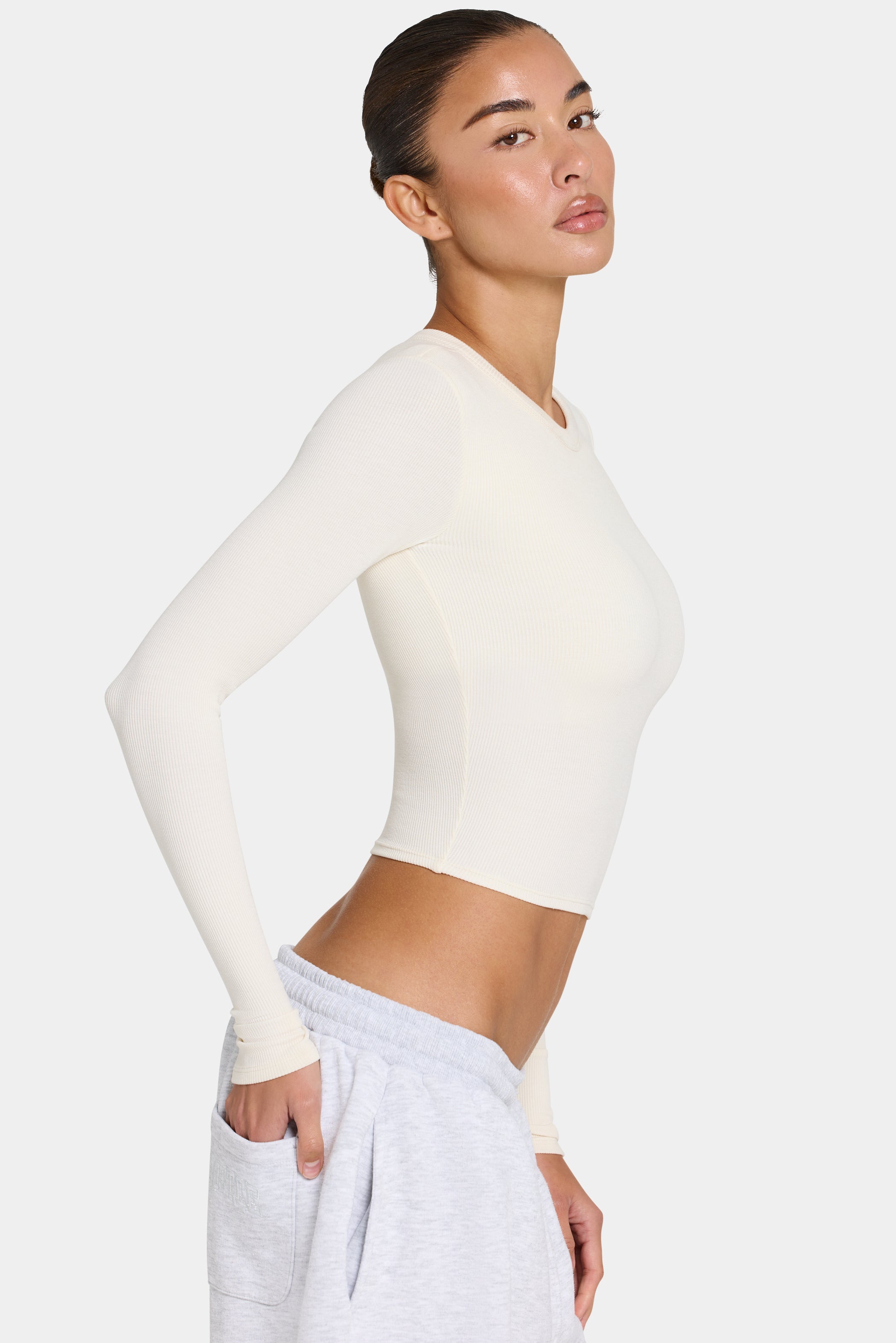 ButterCloud™ Built-In Bra Long Sleeve Crop Top in Coconut