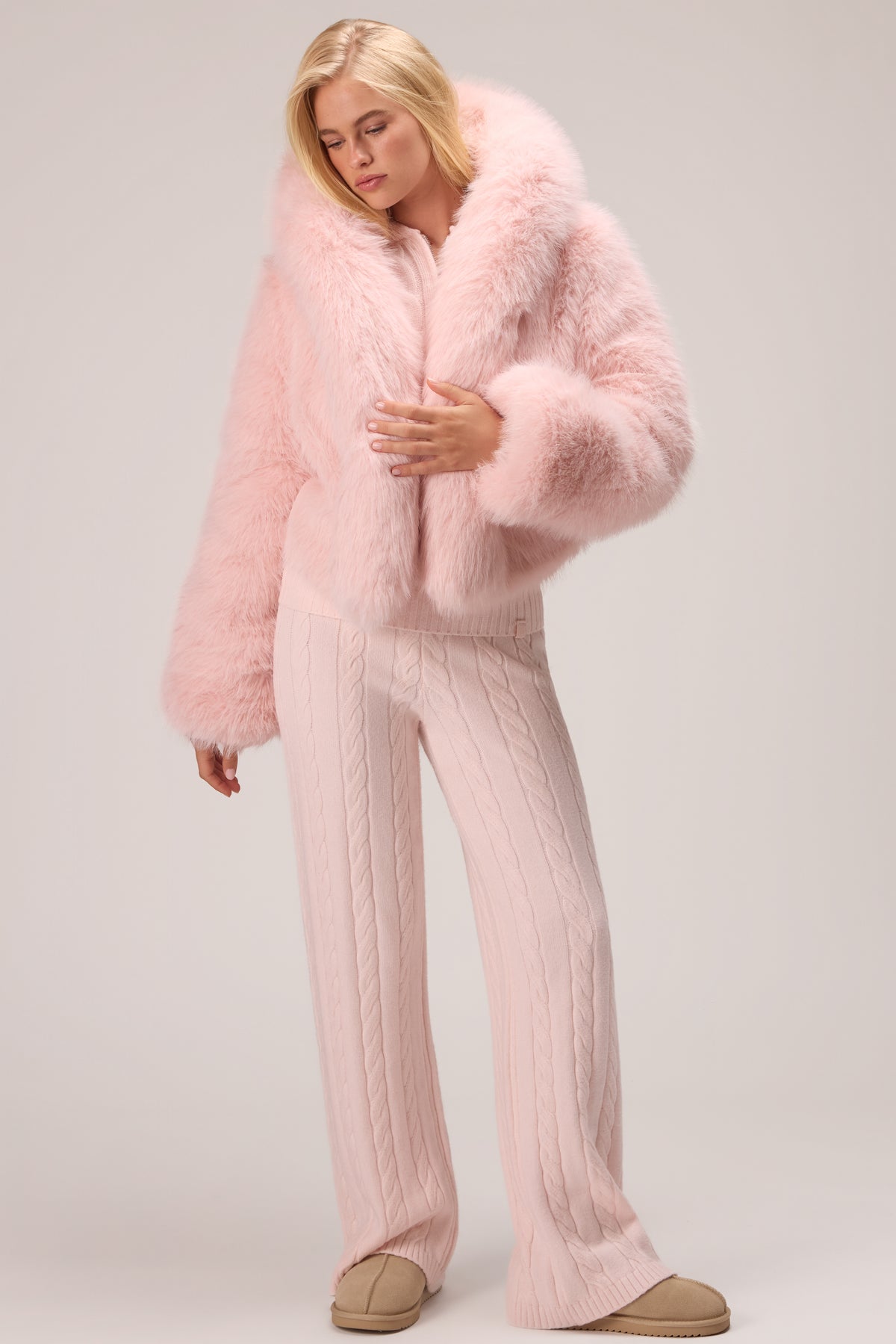 Cropped Hooded Fur Jacket in Powder Pink