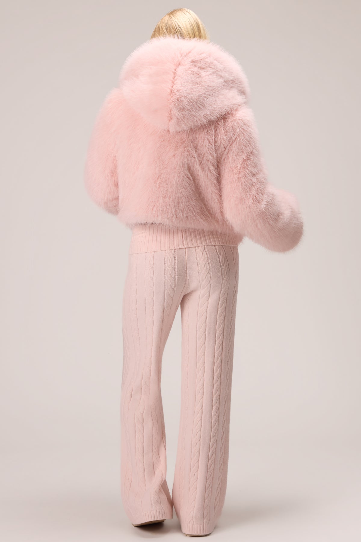 Cropped Hooded Fur Jacket in Powder Pink