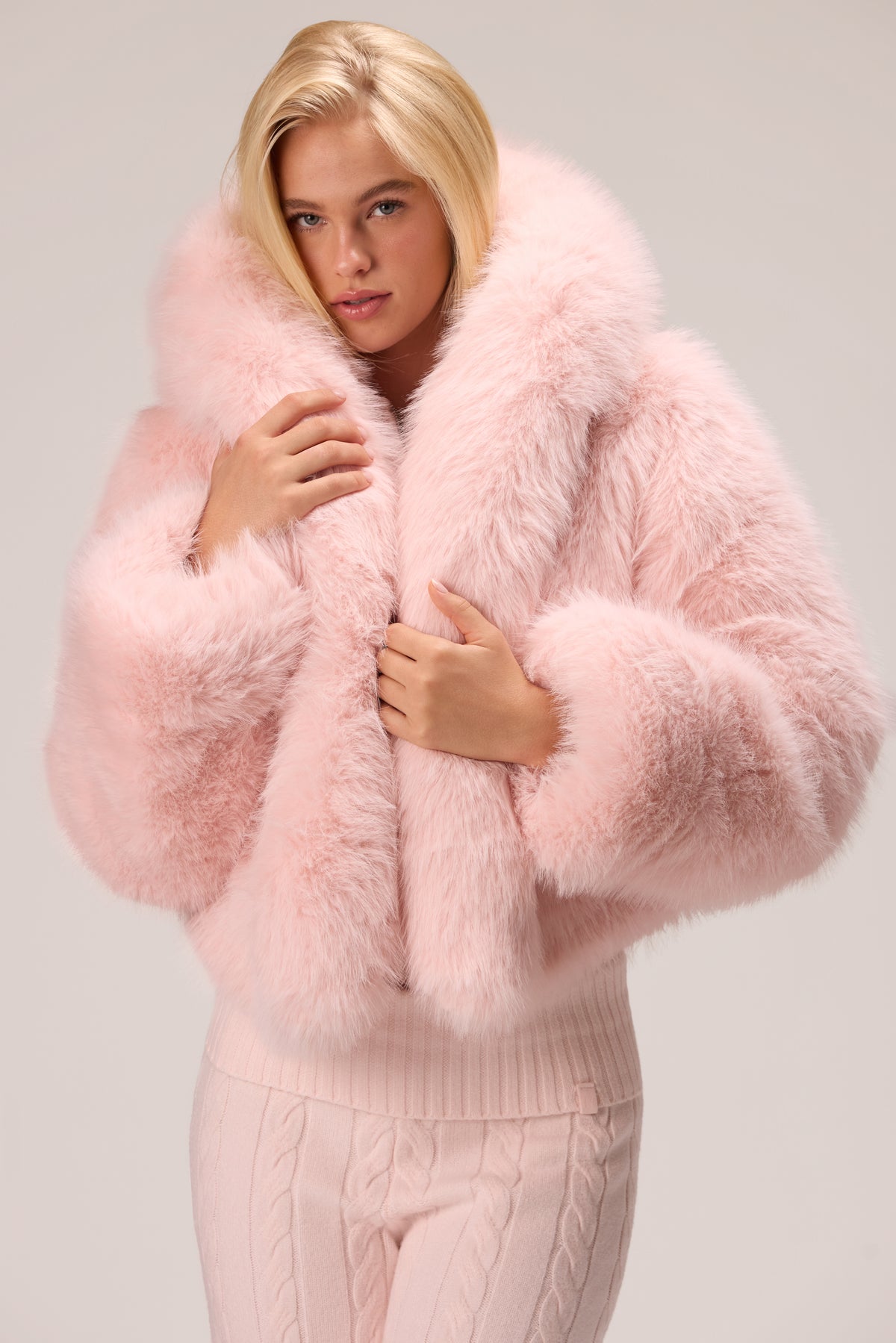Cropped Hooded Fur Jacket in Powder Pink