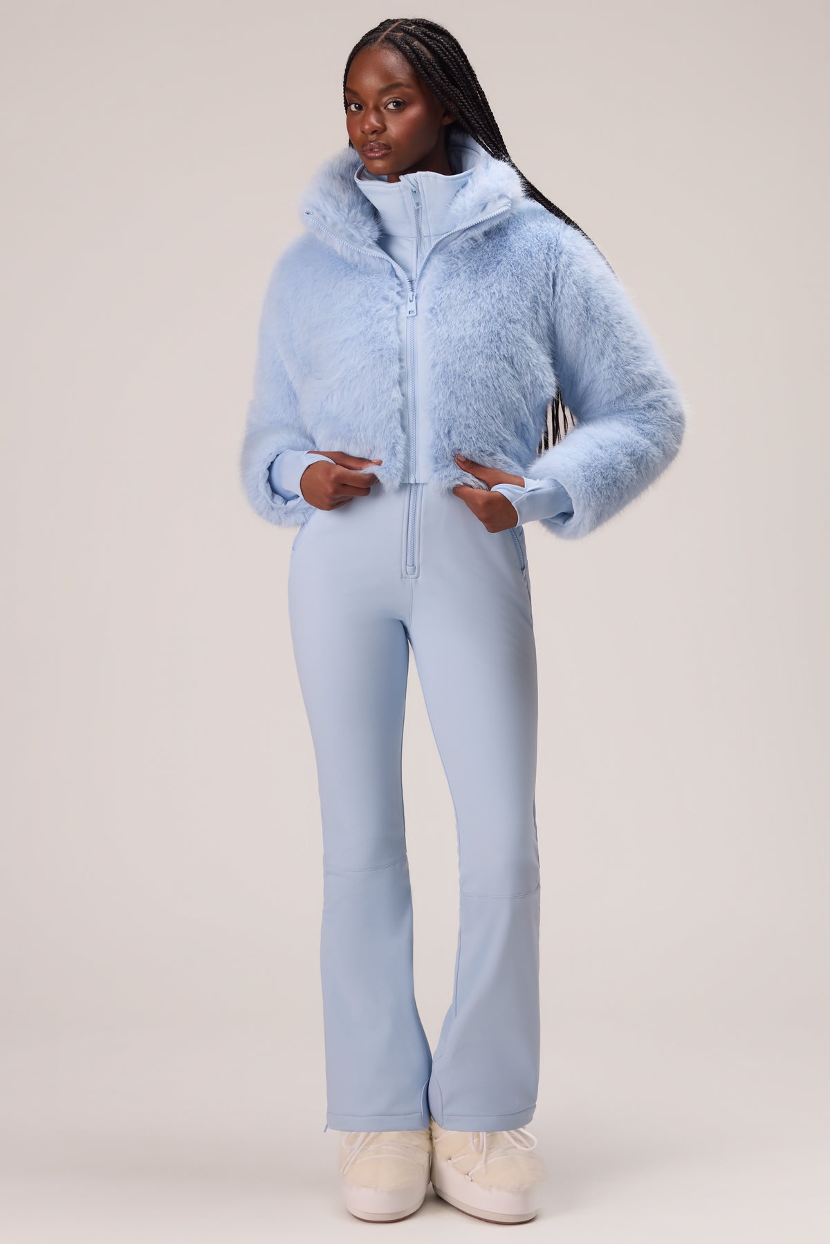 Faux Fur Ski Suit in Powder Blue