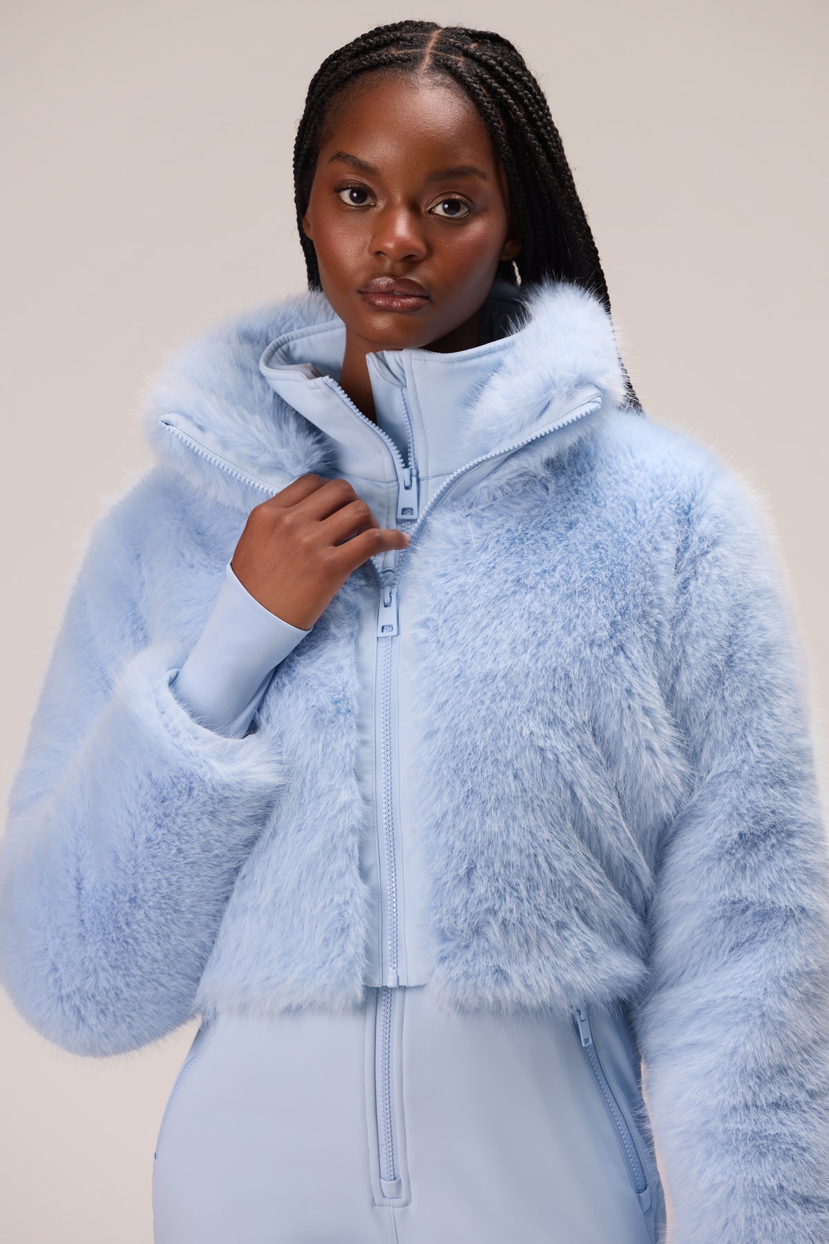 Faux Fur Ski Suit in Powder Blue