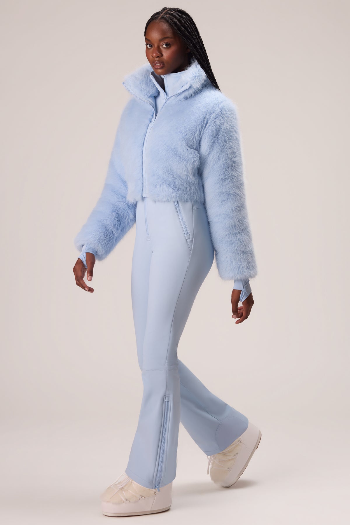 Faux Fur Ski Suit in Powder Blue