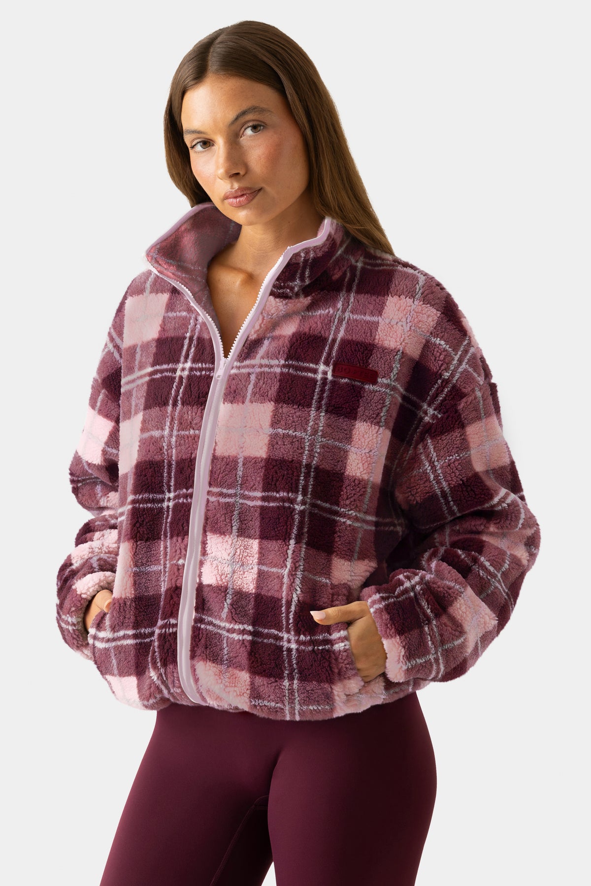 Oversized Zip-Up Fleece in Plum Plaid