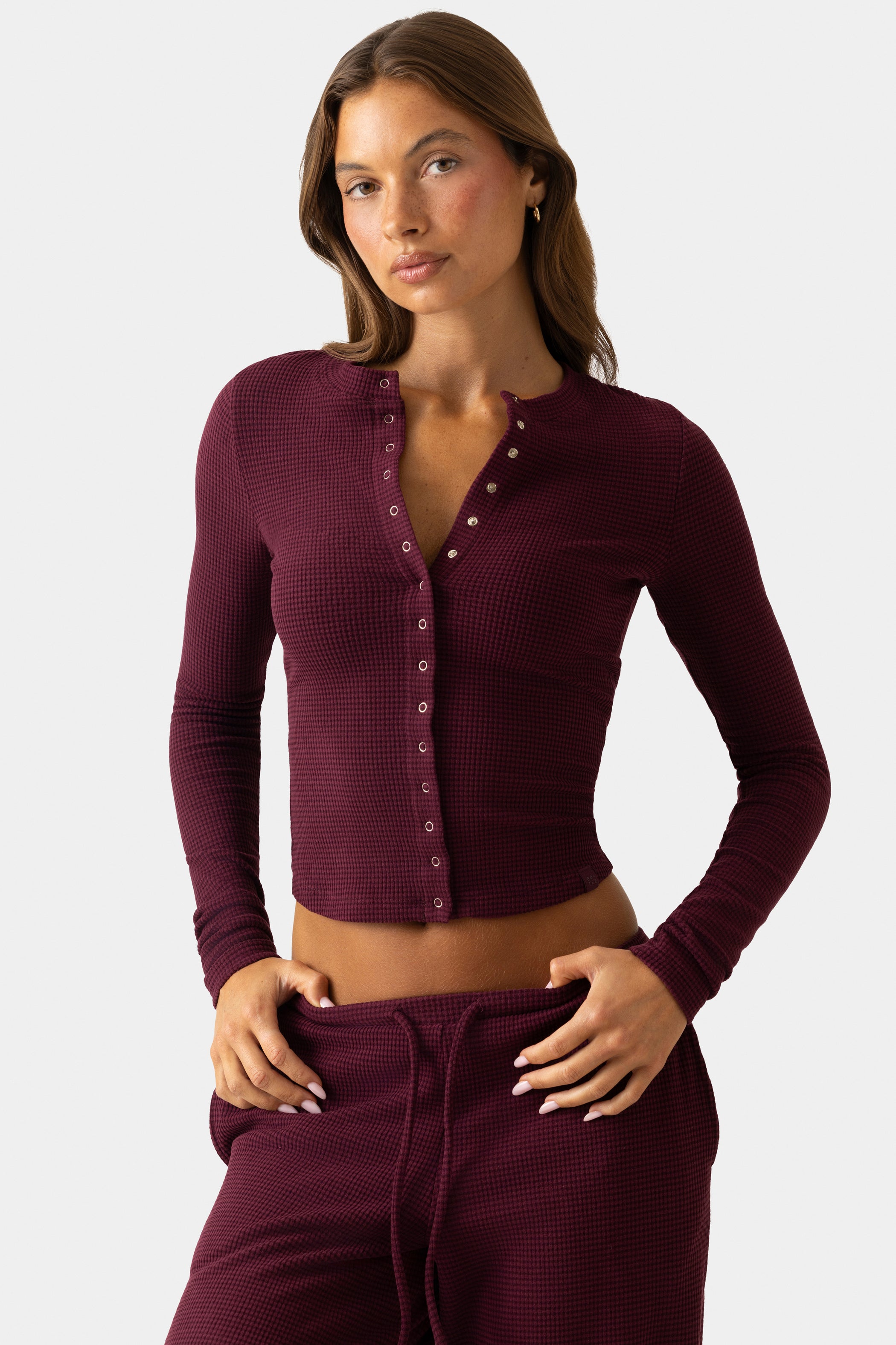 Ribbed Jersey Crewneck Cardigan  in Burgundy