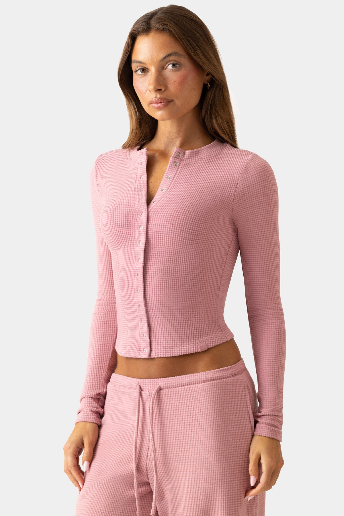 Ribbed Jersey Crewneck Cardigan in Berry