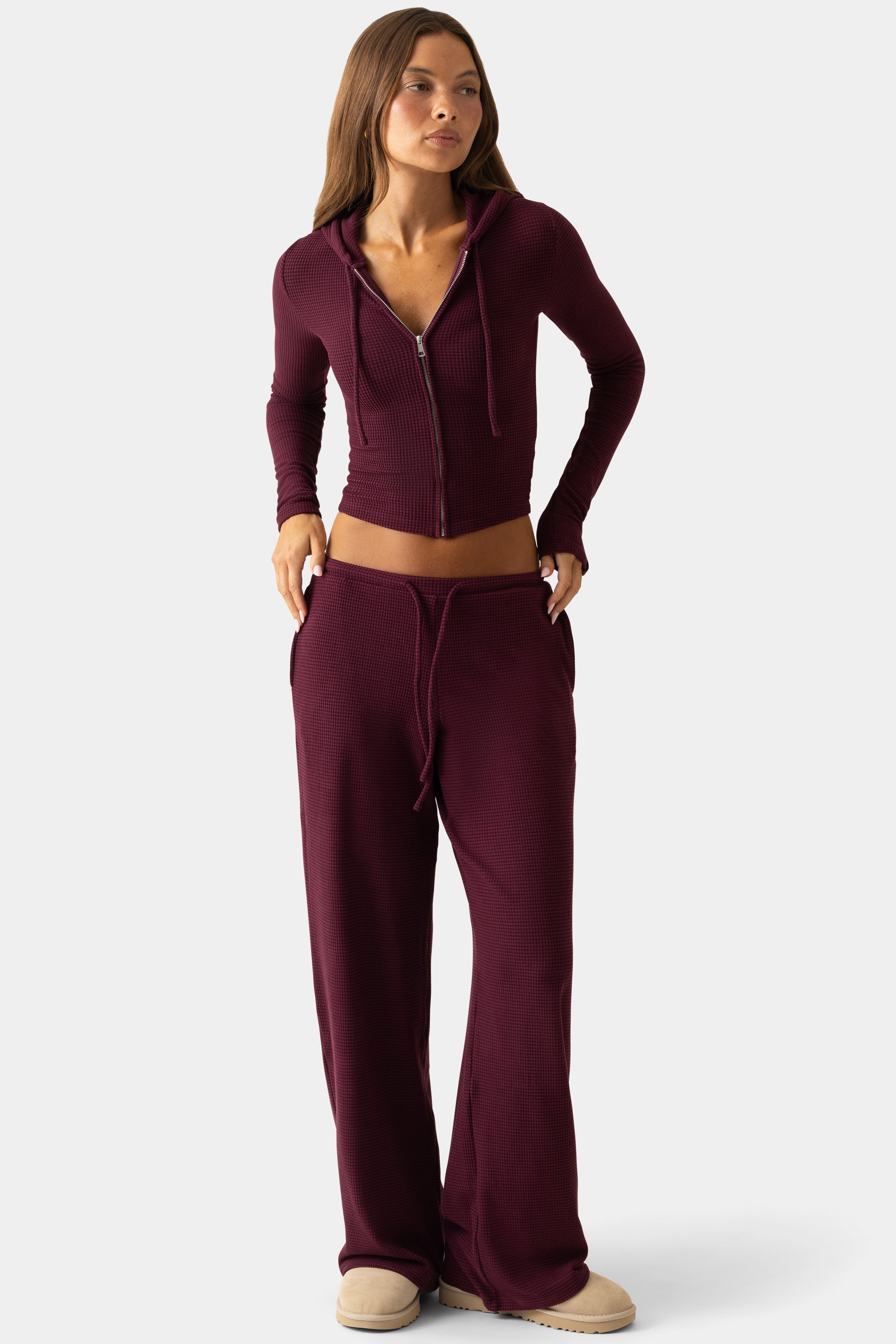 Ribbed Jersey Low-Rise Trousers in Burgundy