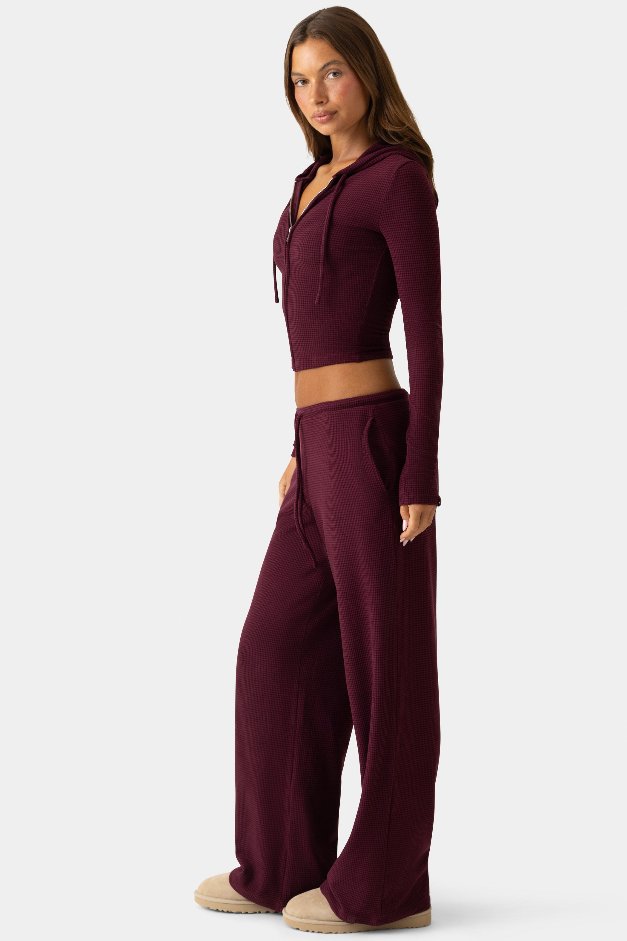 Ribbed Jersey Low-Rise Trousers in Burgundy