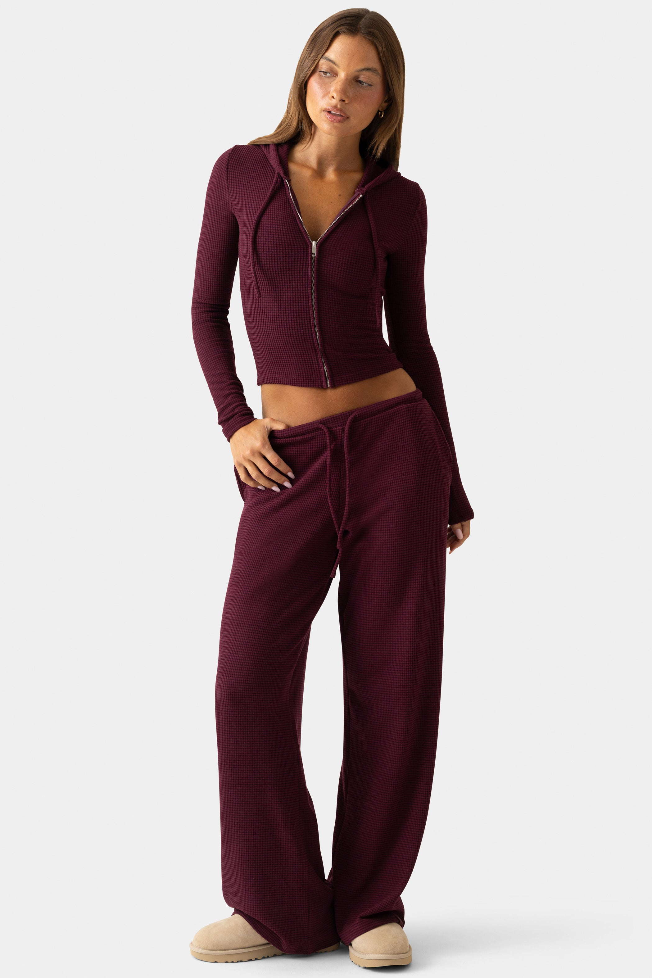 Ribbed Jersey Low-Rise Trousers in Burgundy