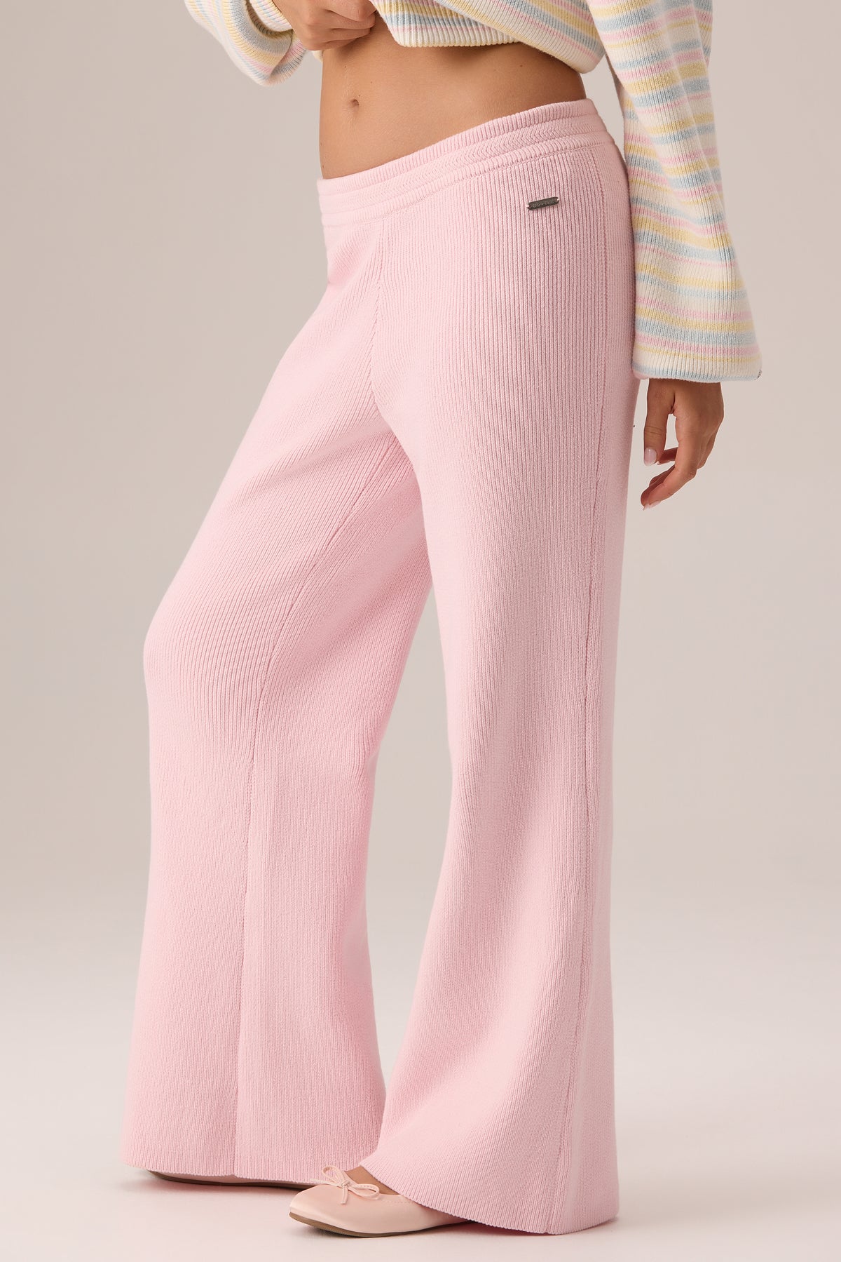 Ribbed Knit Wide-Leg Joggers in Ballet Pink