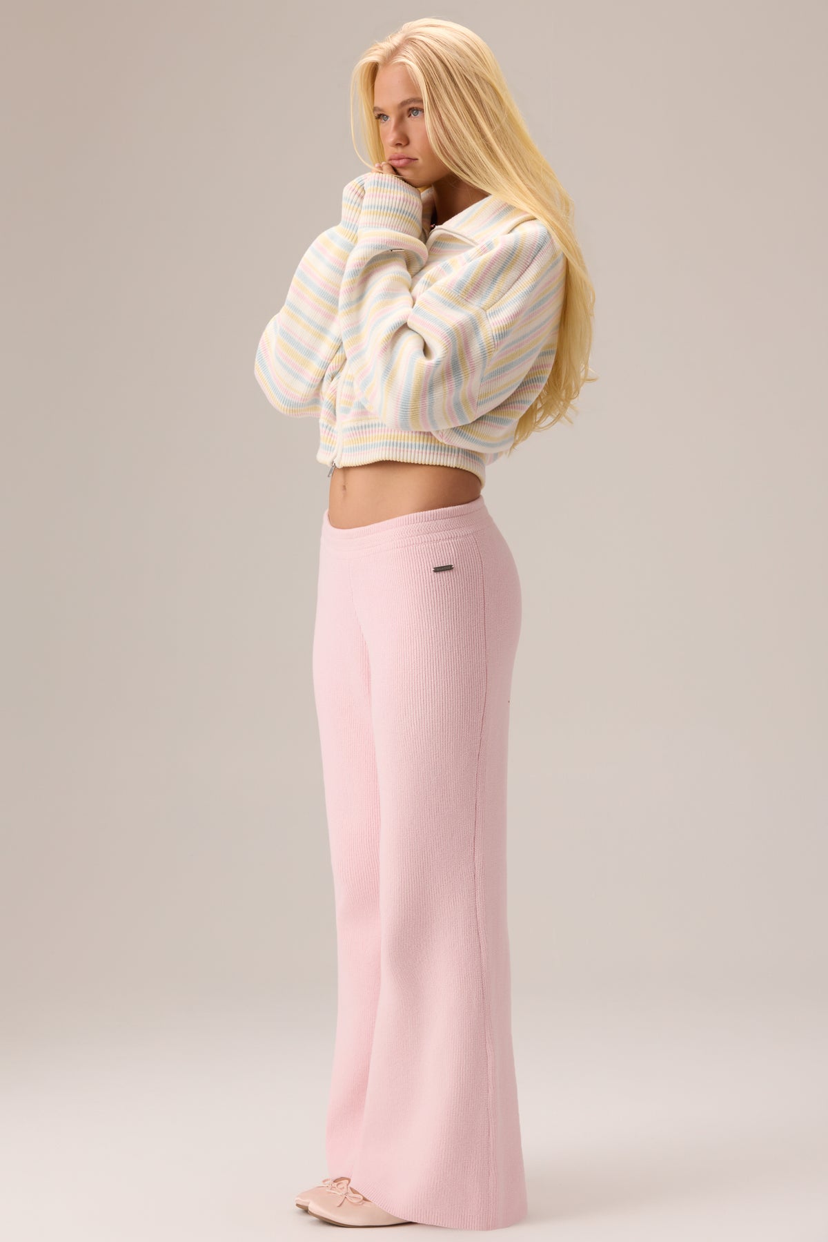 Ribbed Knit Wide-Leg Joggers in Ballet - 1