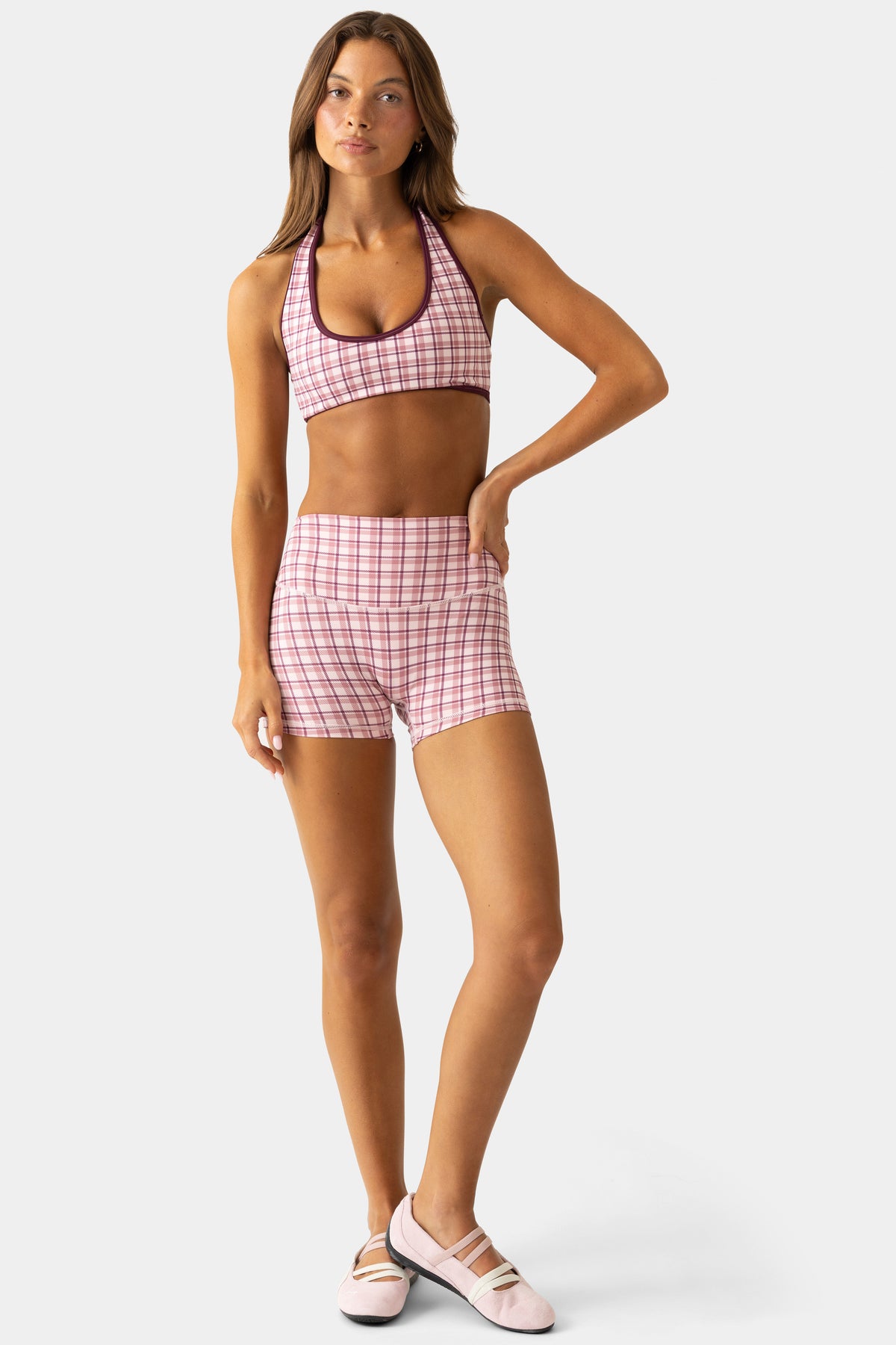 Soft Active Mini Shorts in Berry Plaid - 1