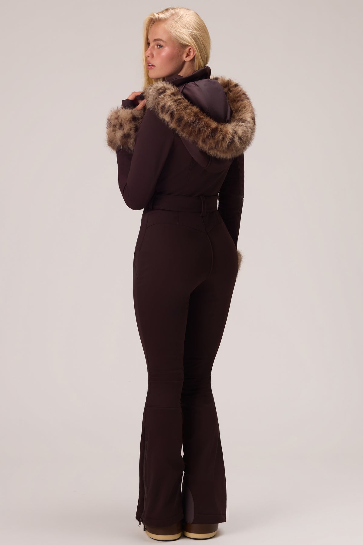 Water Resistant Fitted Ski Suit with Faux Fur Hood in Hot Cocoa