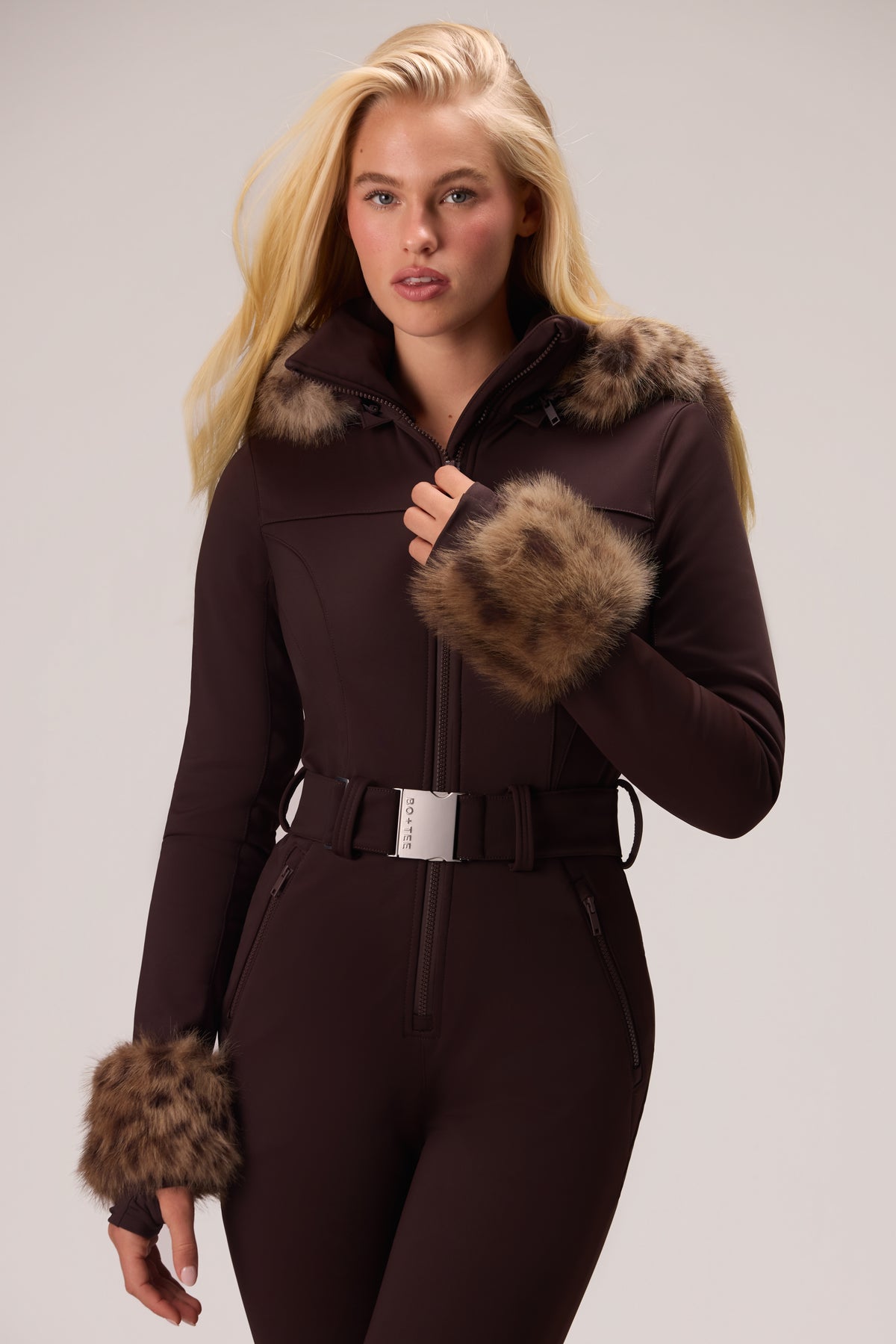 Water Resistant Fitted Ski Suit with Faux Fur Hood in Hot Cocoa