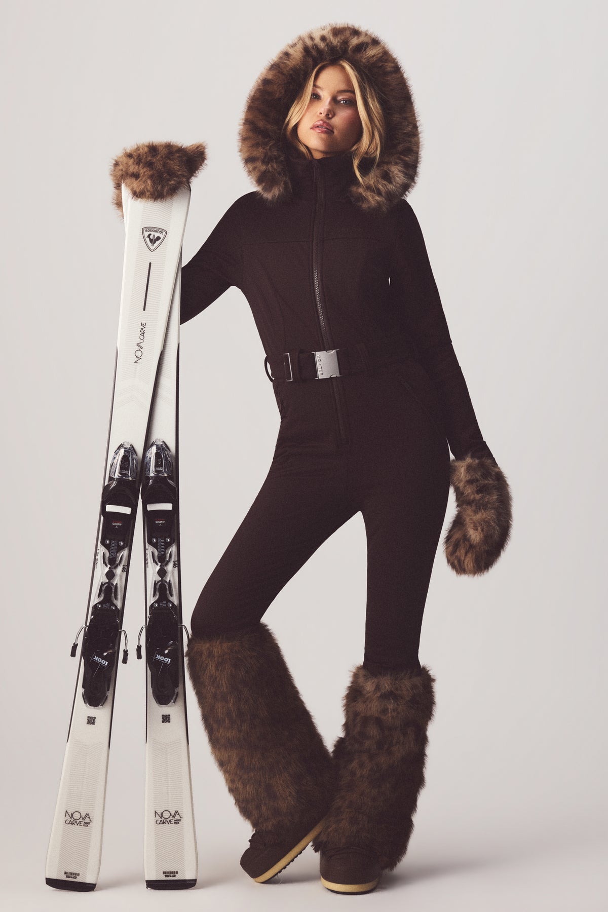 Water Resistant Fitted Ski Suit with Faux Fur Hood in Hot Cocoa