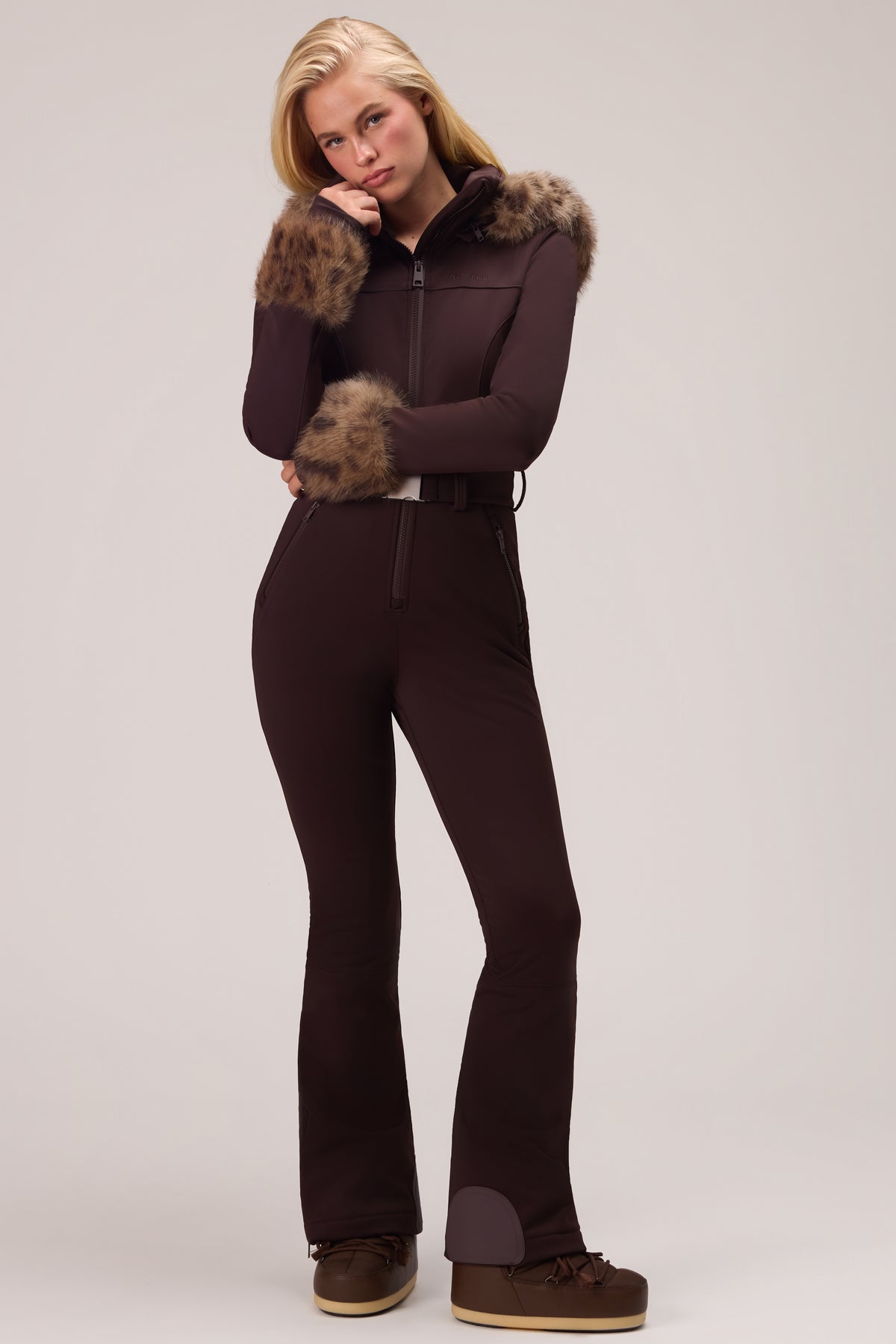 Water Resistant Fitted Ski Suit with Faux Fur Hood in Hot Cocoa
